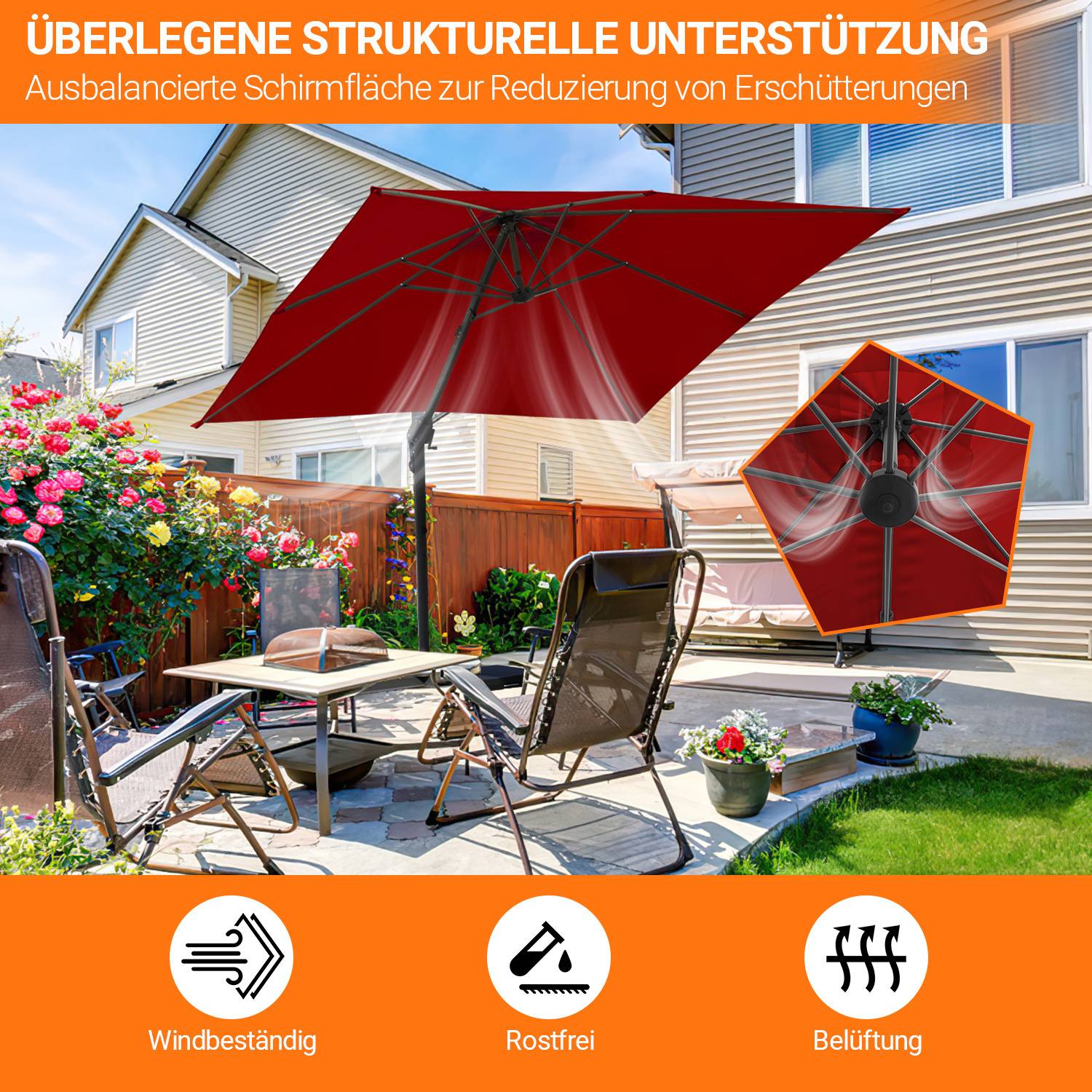 Sonnenschirm Rot Ø300 cm – Gartenschirm mit Kurbel, UV-Schutz & wasserabweisendem Bezug