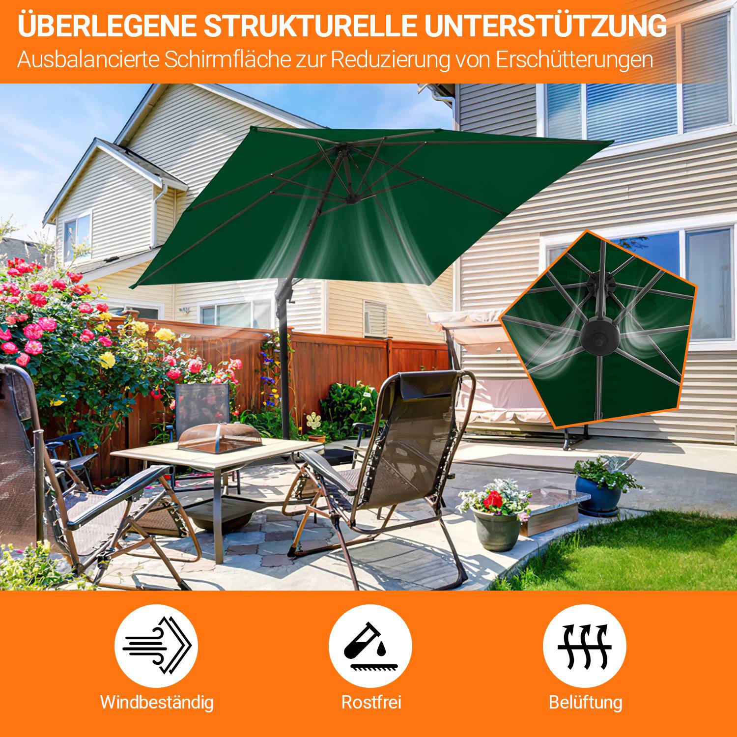 Sonnenschirm Grün Ø300 cm – Klassischer Gartenschirm mit Kurbel & UV-beständigem Stoff
