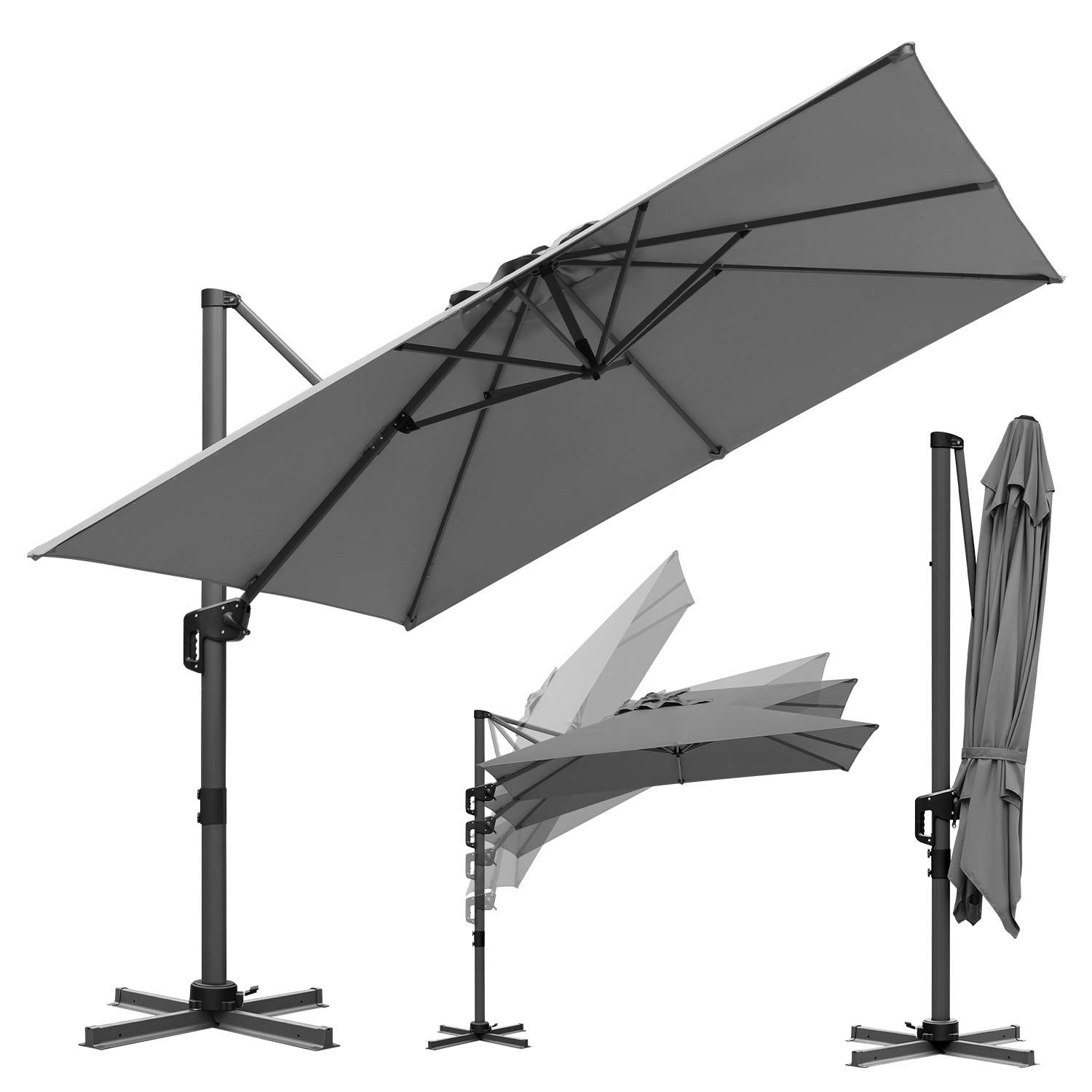 Sonnenschirm Grau Ø300 cm – Moderner Terrassenschirm mit Kurbel, UV-Schutz & stabilem Mast