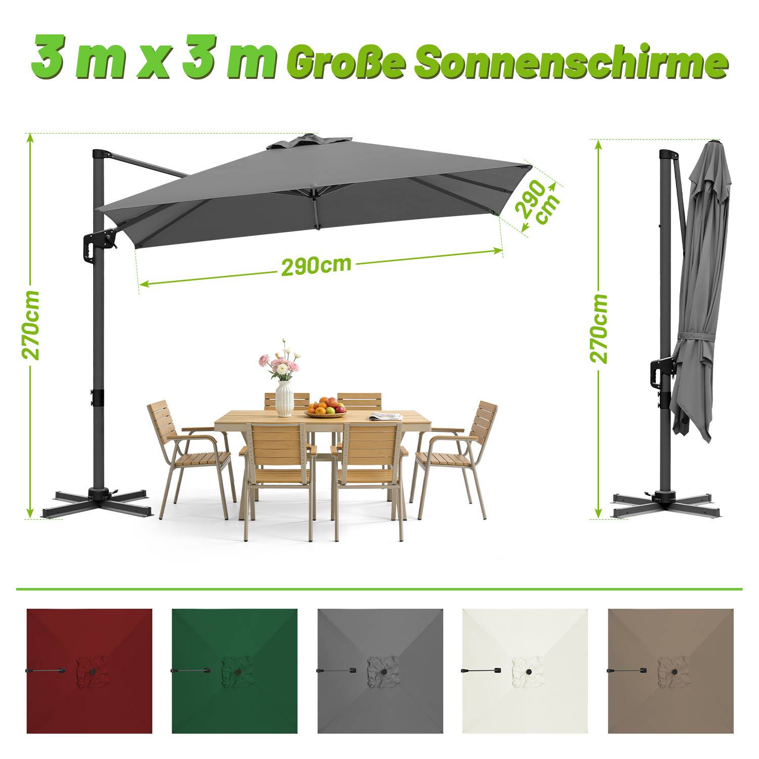 Sonnenschirm Grau Ø300 cm – Moderner Terrassenschirm mit Kurbel, UV-Schutz & stabilem Mast