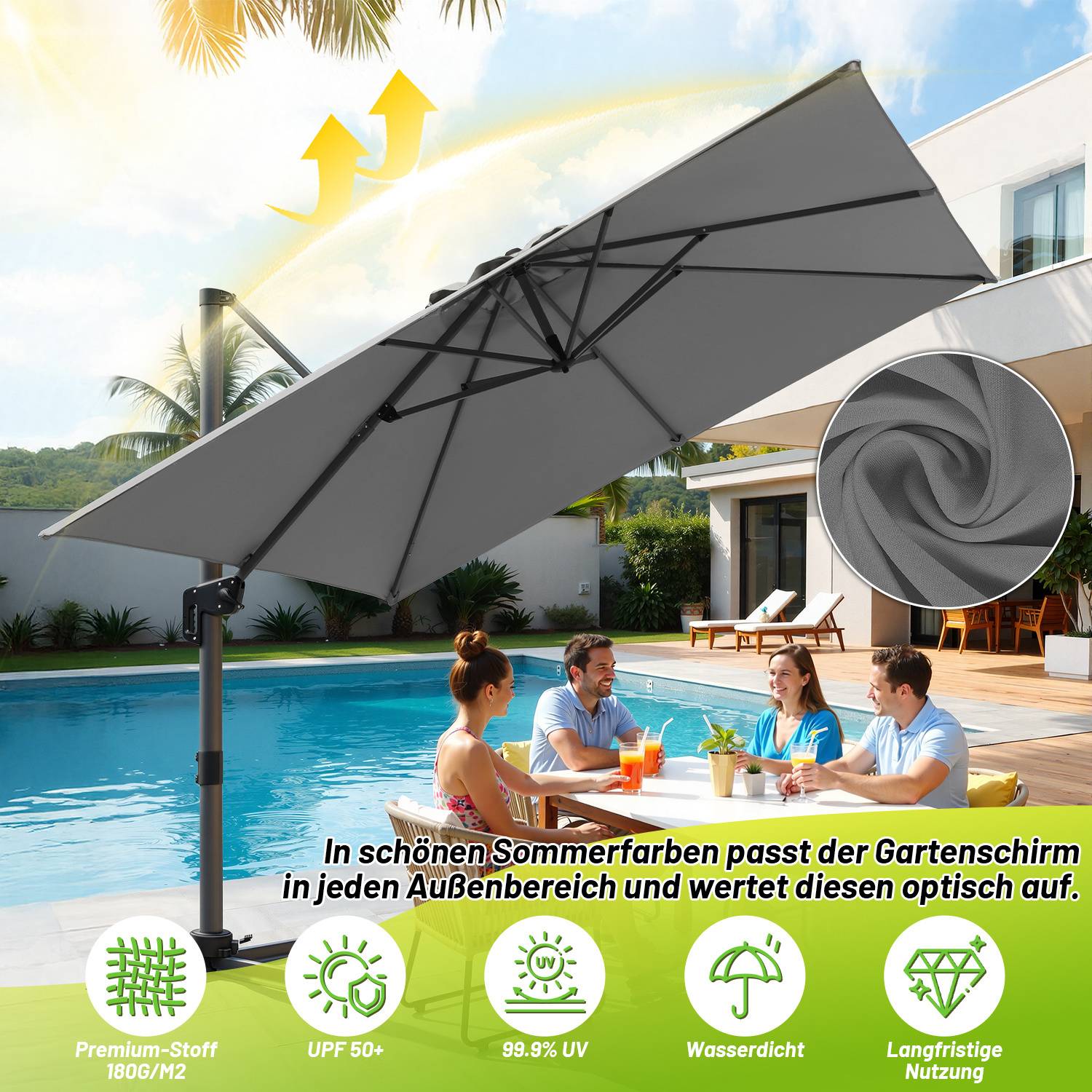 Sonnenschirm Grau Ø300 cm – Moderner Terrassenschirm mit Kurbel, UV-Schutz & stabilem Mast