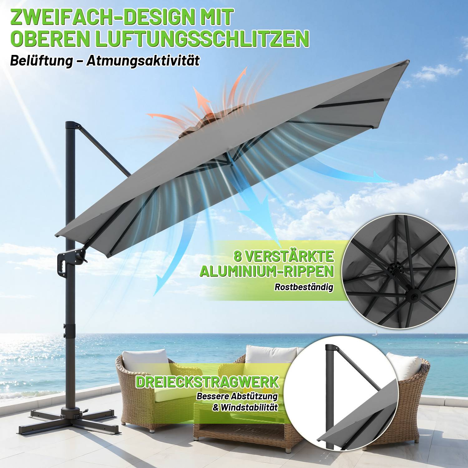 Sonnenschirm Grau Ø300 cm – Moderner Terrassenschirm mit Kurbel, UV-Schutz & stabilem Mast