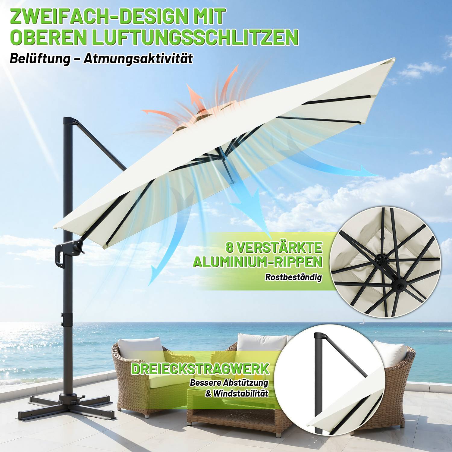 Sonnenschirm Creme Ø300 cm – Eleganter Gartenschirm mit Kurbel & UV-Schutz