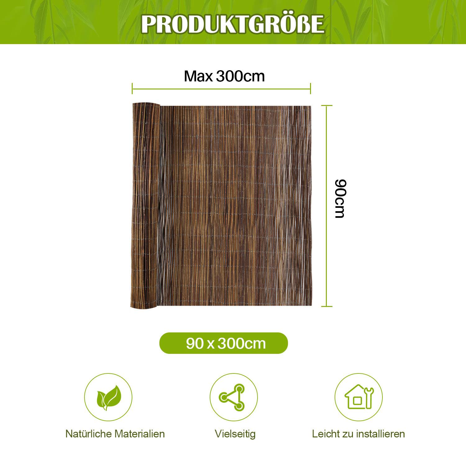 90 x 300 cm Weidenmatte Sichtschutz Natur – Weidenzaun blickdicht für Garten, Balkon & Terrasse