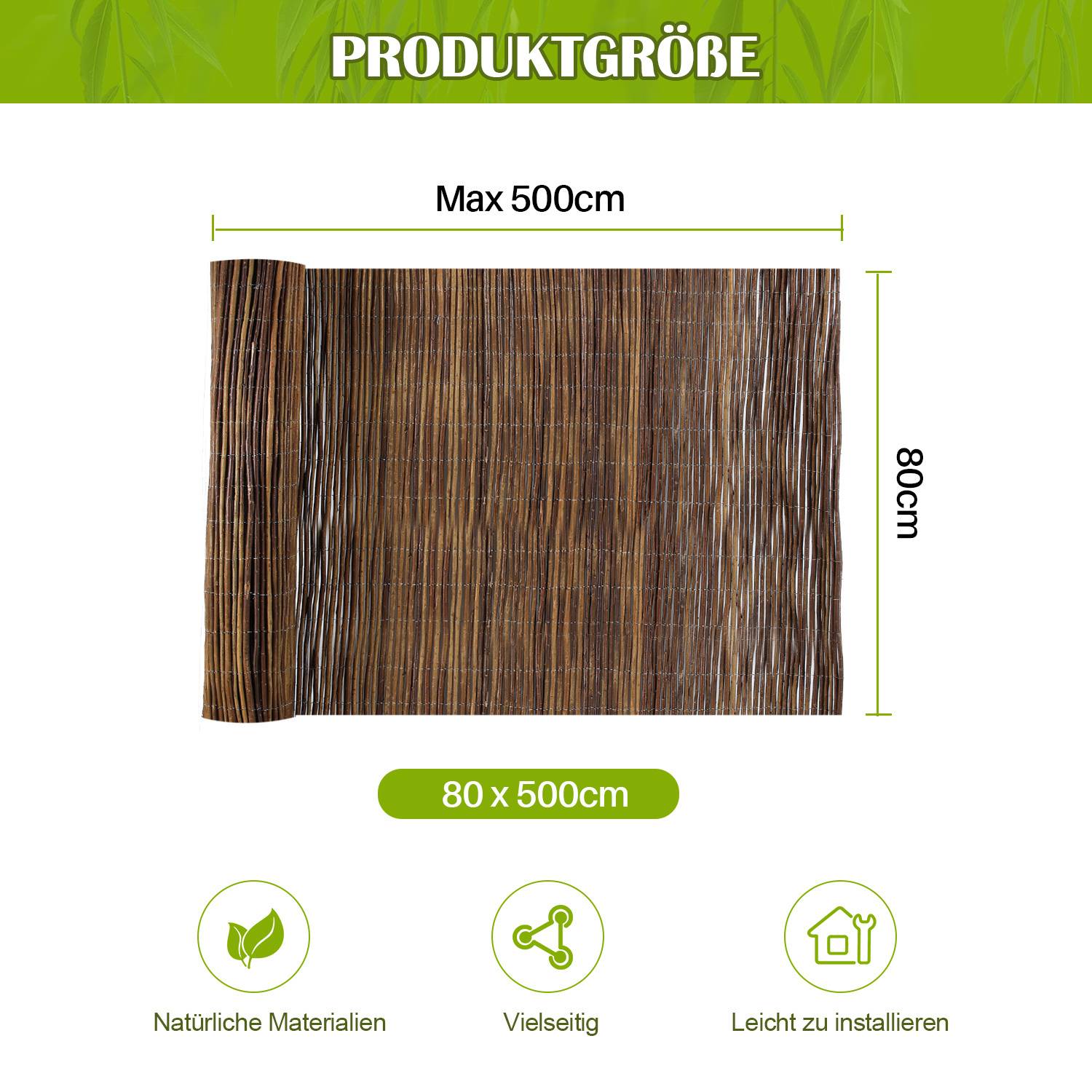 80 x 500 cm Weidenmatte Sichtschutz Natur – Weidenzaun blickdicht für Garten, Balkon & Terrasse