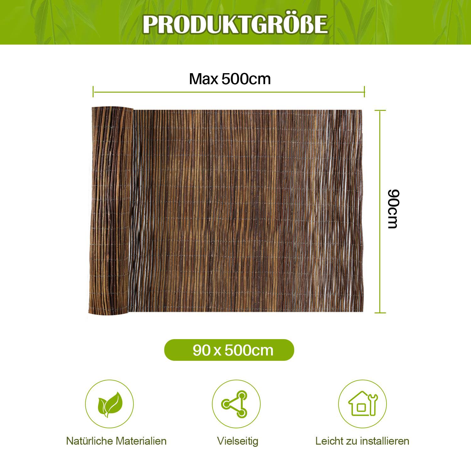 90 x 500 cm Weidenmatte Sichtschutz Natur – Weidenzaun blickdicht für Garten, Balkon & Terrasse
