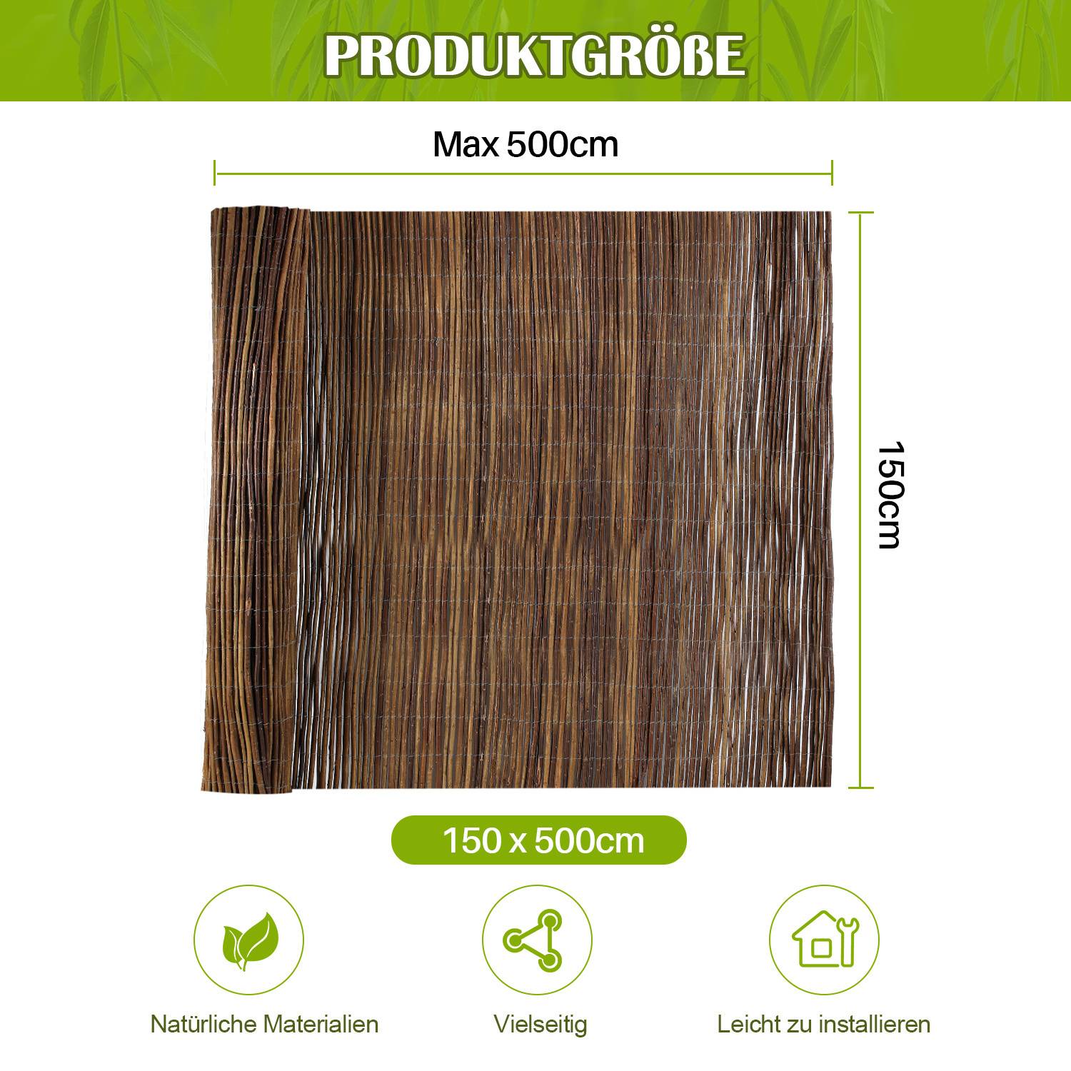 150 x 500 cm Weidenmatte Sichtschutz Natur – Weidenzaun blickdicht für Garten, Balkon & Terrasse