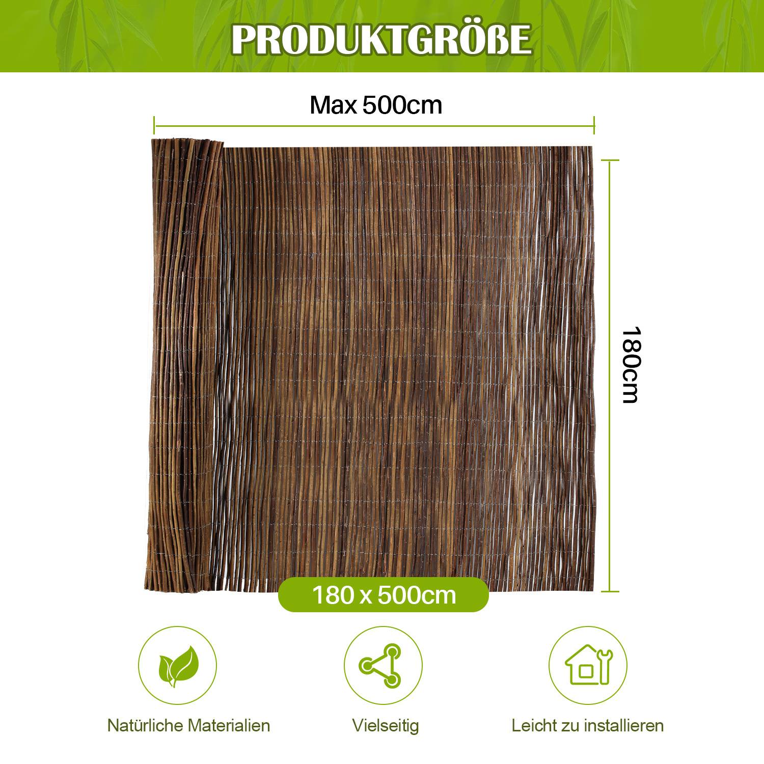 180 x 500 cm Weidenmatte Sichtschutz Natur – Weidenzaun blickdicht für Garten, Balkon & Terrasse