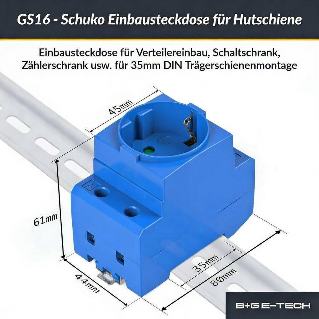 B+G E-Tech Schuko- Einbausteckdose für DIN Hutschiene (BLAU)