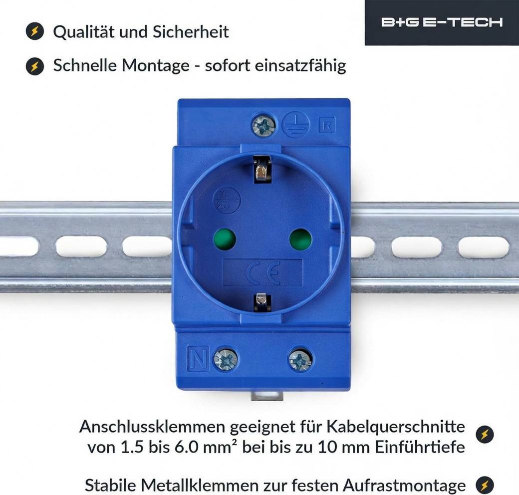 B+G E-Tech Schuko- Einbausteckdose für DIN Hutschiene (BLAU)