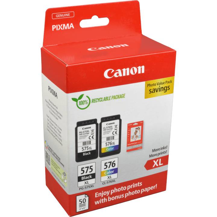 Canon PIXMA Foto-Sparpaket mit 575 schwarzer und 576 farbiger XL-Tintenpatrone, mit Bonusfotopapier.