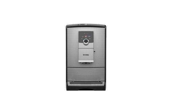 Silber-schwarze Espressomaschine mit digitalem Display, Tassenhalter und Markenlogo auf der Vorderseite.