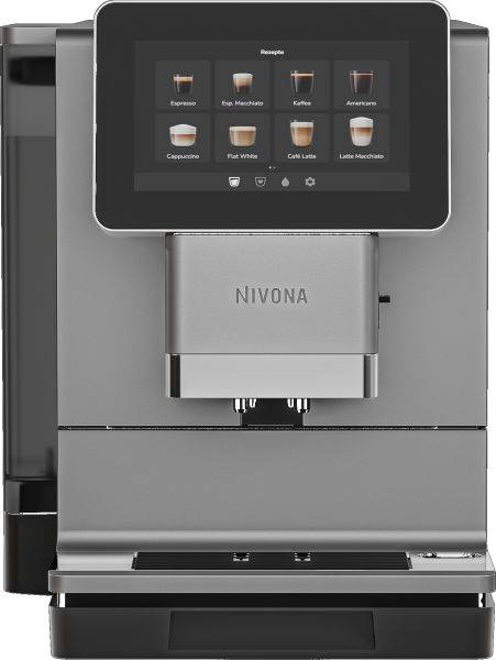 Eine silberne Kaffeemaschine mit digitalem Display, das Optionen für Espresso, Cappuccino, Flat White und Latte Macchiato anzeigt.