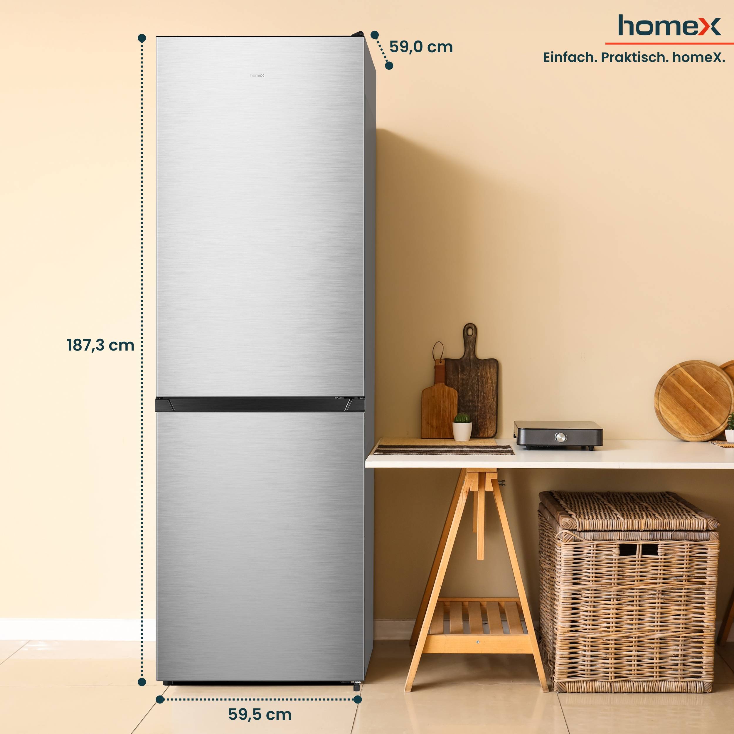 homeX Kühlschrank mit Gefrierfach No Frost, Kühl-Gefrier-Kombination freistehend, groß - 304 Liter, EEK A, CFSN3041A-S