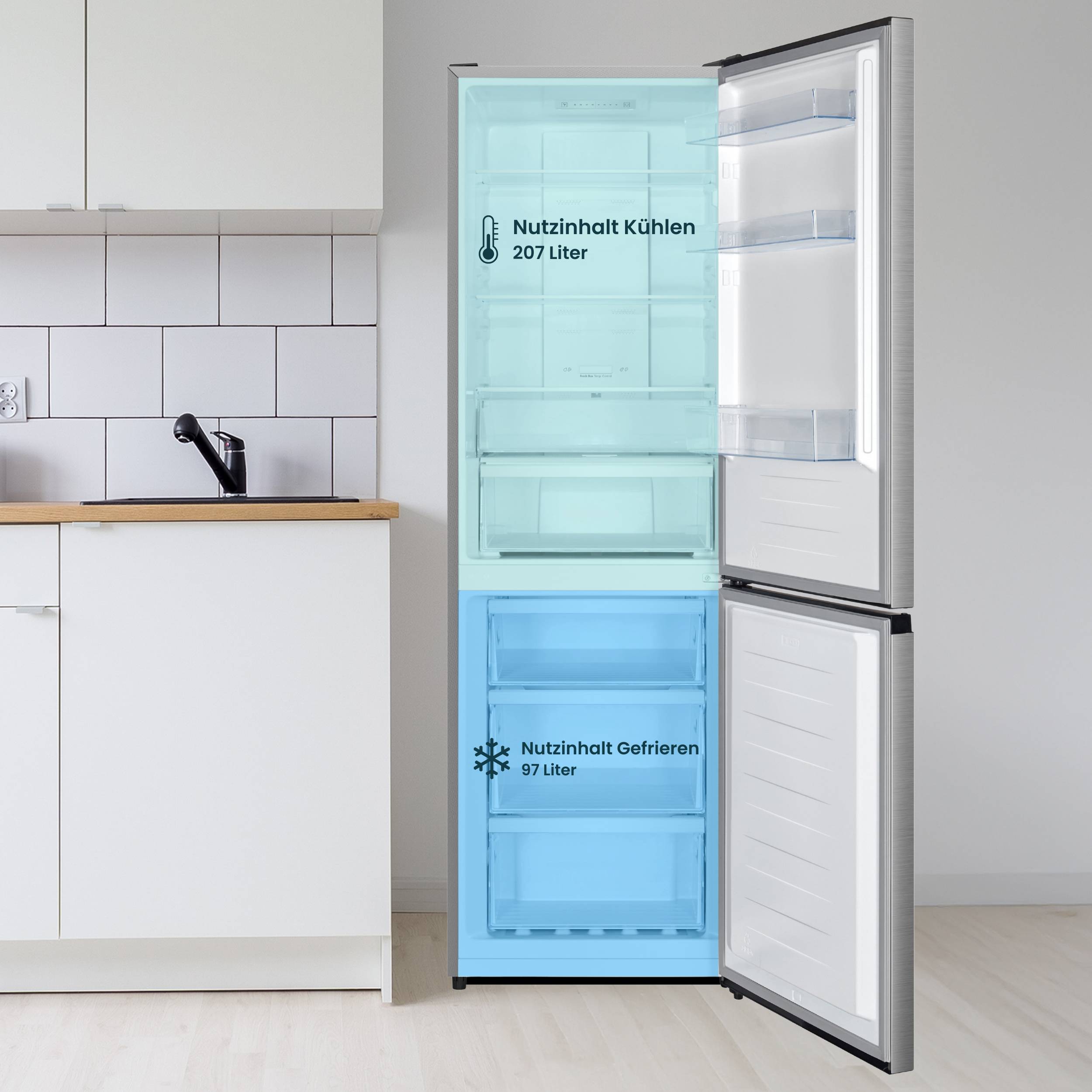 homeX Kühlschrank mit Gefrierfach No Frost, Kühl-Gefrier-Kombination freistehend, groß - 304 Liter, EEK A, CFSN3041A-S