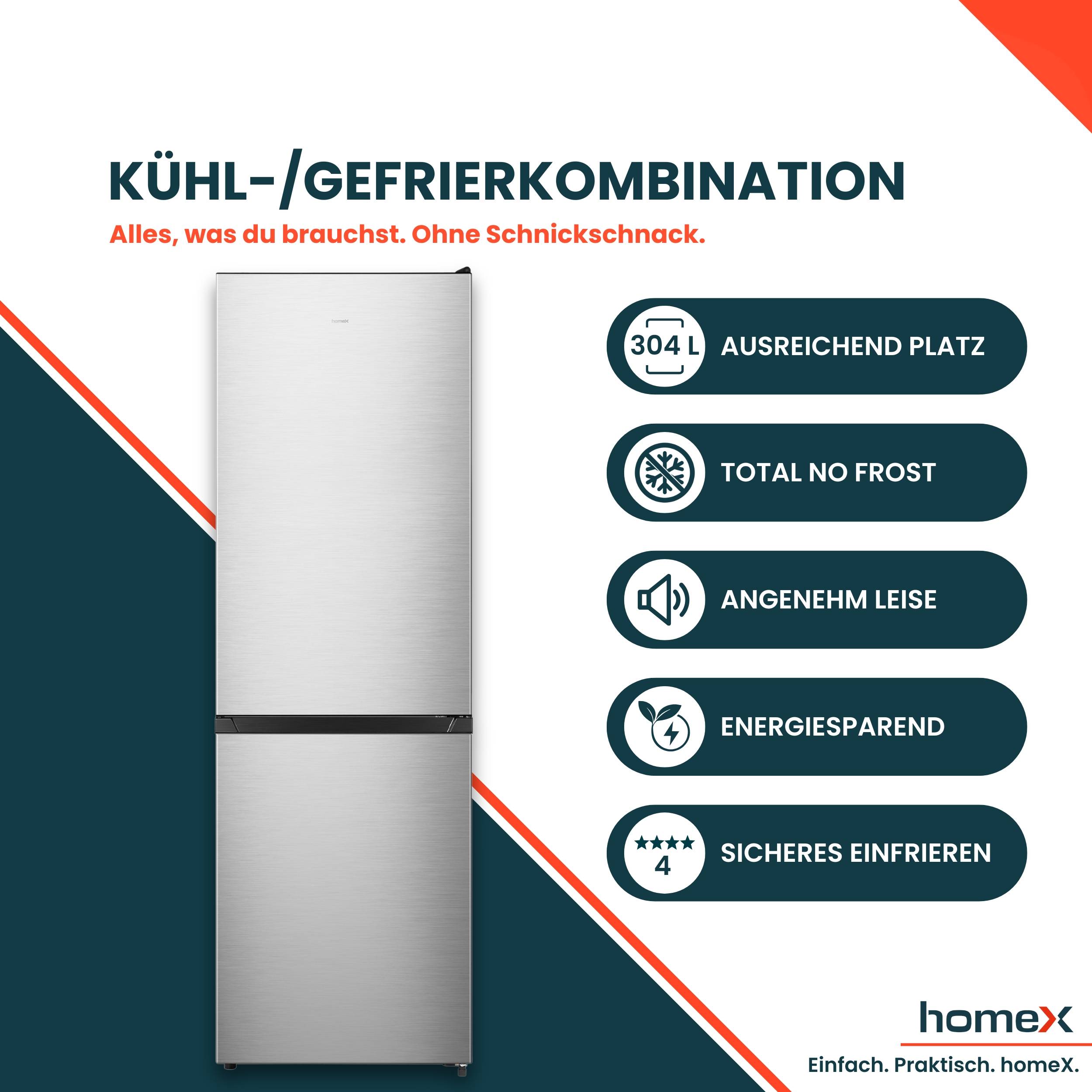 homeX Kühlschrank mit Gefrierfach No Frost, Kühl-Gefrier-Kombination freistehend, groß - 304 Liter, EEK A, CFSN3041A-S