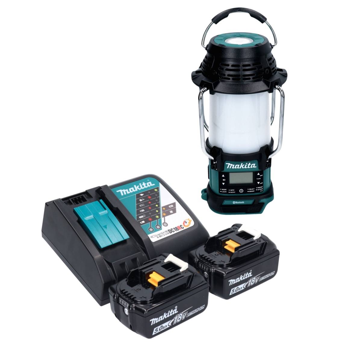 Makita DMR 056 RT Akku Radio 18 V FM DAB+ mit Laterne 360° Taschenlampe IP65 + 2x Akku 5,0 Ah + Ladegerät