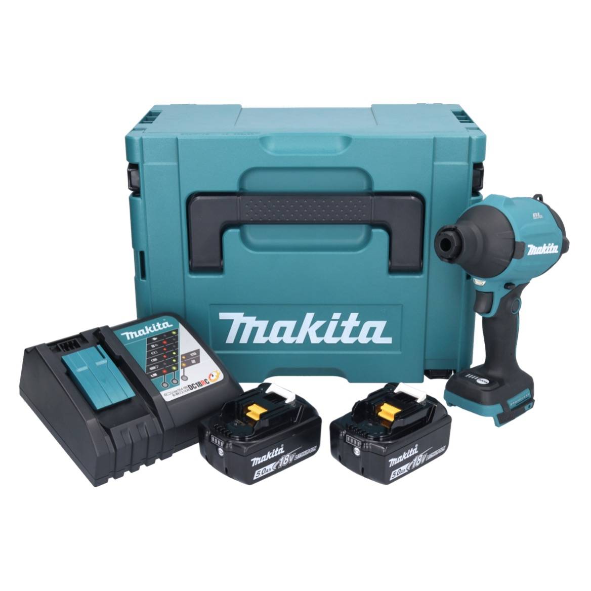 Makita DAS 180 RTJ Akku Gebläse 18 V Brushless + 2x Akku 5,0 Ah + Ladegerät + Makpac