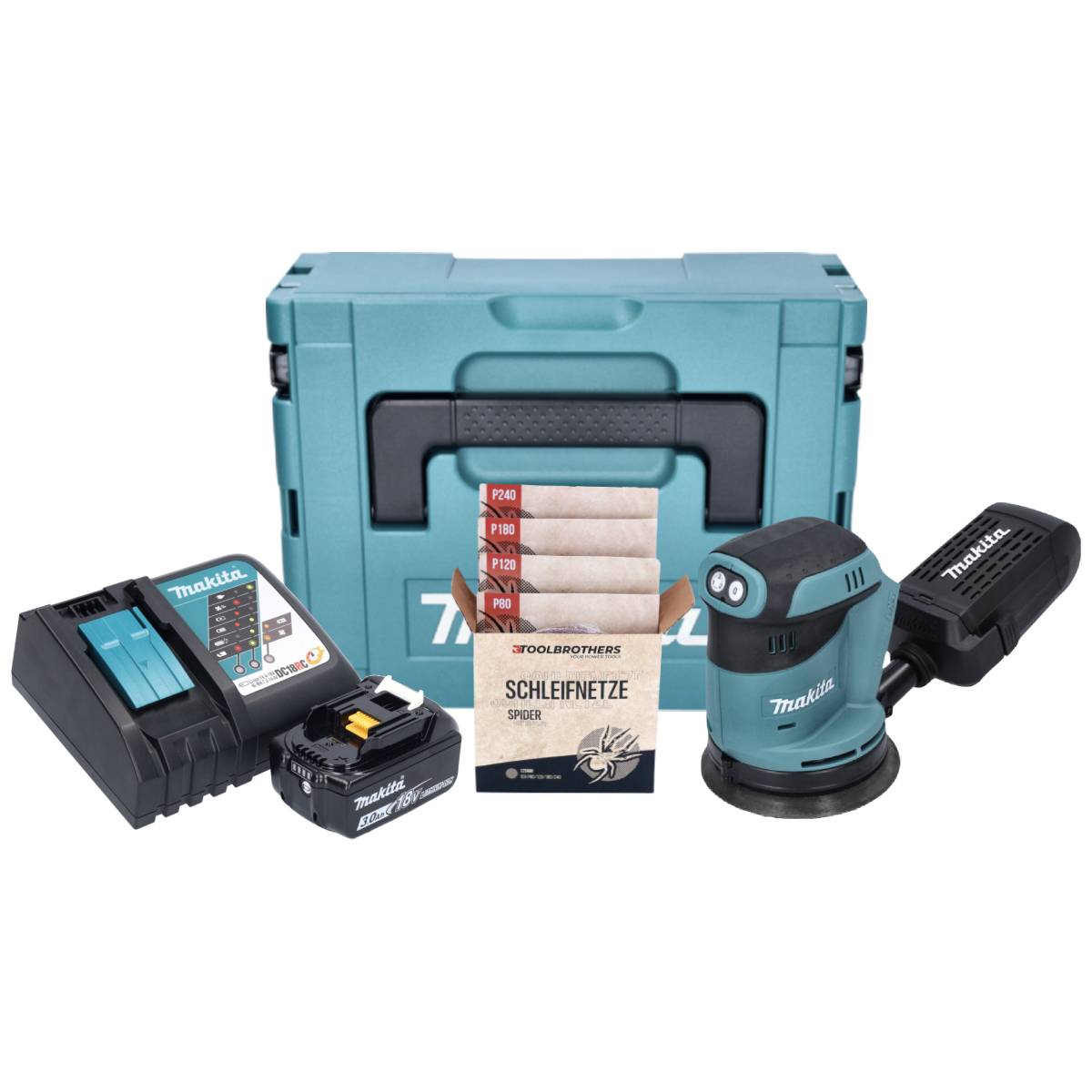 Makita DBO 180 RF1J Akku Exzenterschleifer 18 V 125 mm + 1x Akku 3,0 Ah + Ladegerät + Toolbrothers SPIDER Schleifset Netzschleifmittel + Makpac