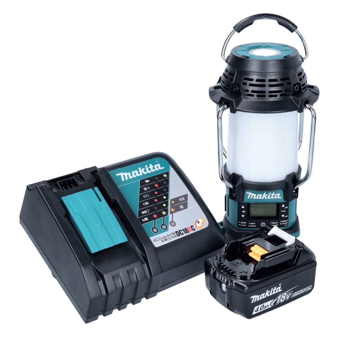 Makita DMR 056 RM1 Akku Radio 18 V FM DAB+ mit Laterne 360° Taschenlampe IP65 + 1x Akku 4,0 Ah + Ladegerät