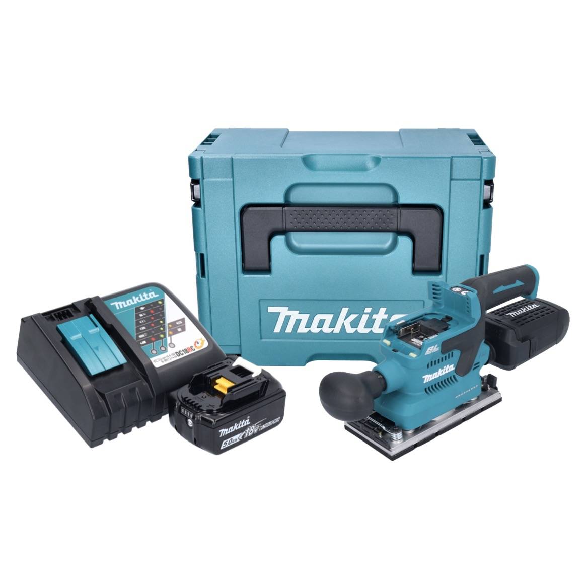 Makita DBO 382 RT1J Akku Schwingschleifer 18 V 93 x 185 mm Brushless + 1x Akku 5,0 Ah + Ladegerät + Makpac