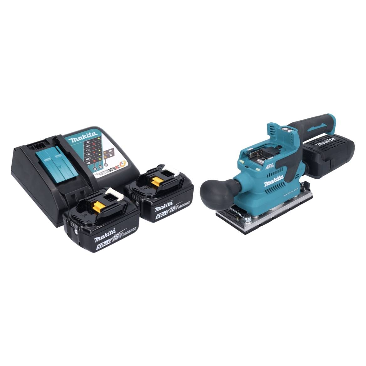 Makita DBO 382 RT Akku Schwingschleifer 18 V 93 x 185 mm Brushless + 2x Akku 5,0 Ah + Ladegerät
