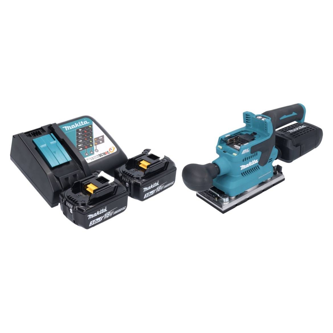 Makita DBO 382 RF Akku Schwingschleifer 18 V 93 x 185 mm Brushless + 2x Akku 3,0 Ah + Ladegerät