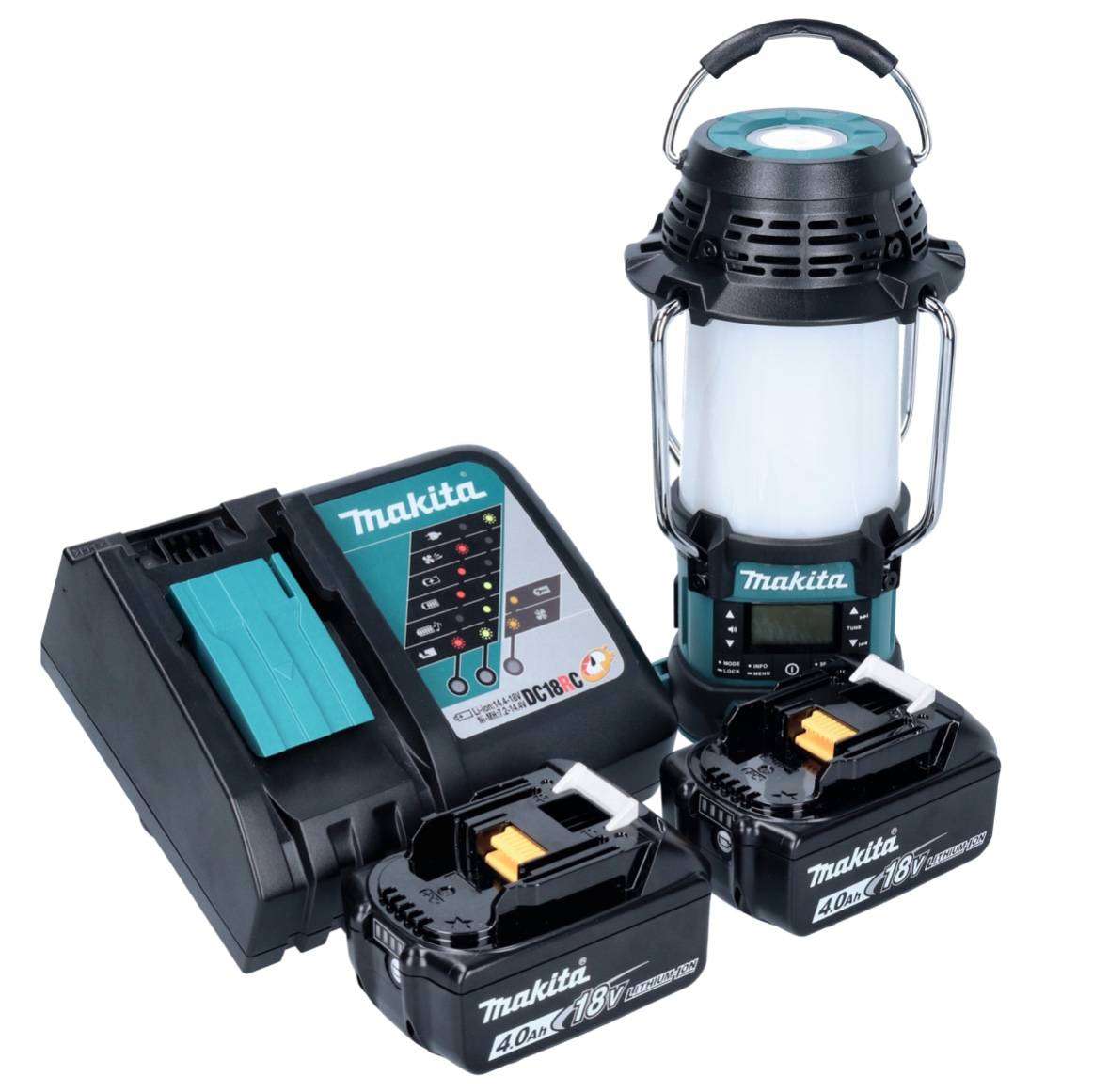 Makita DMR 056 RM Akku Radio 18 V FM DAB+ mit Laterne 360° Taschenlampe IP65 + 2x Akku 4,0 Ah + Ladegerät