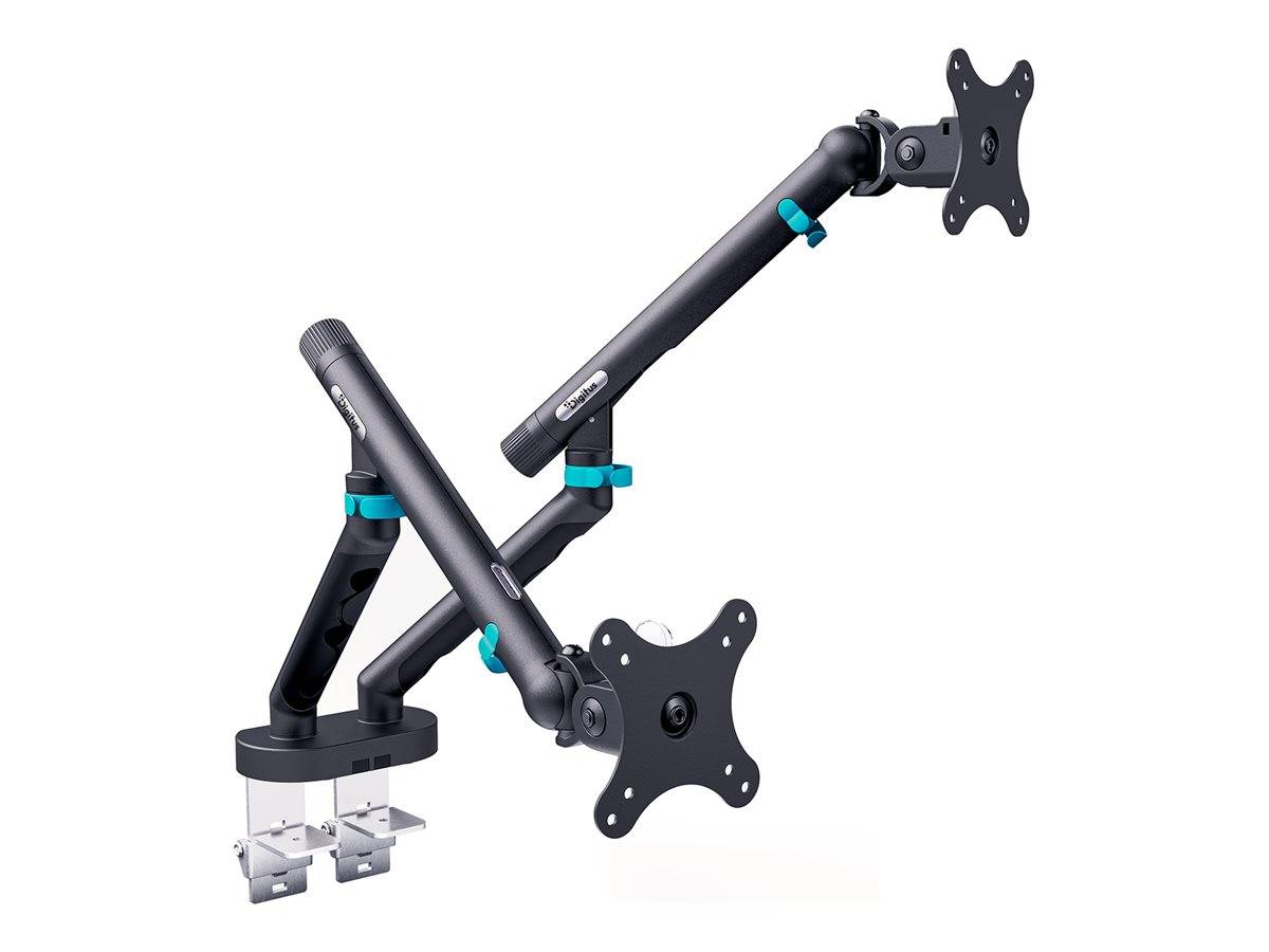 Doppelter schwenkbarer Monitor-Arm mit zwei VESA-Montageplatten und Schreibtischklemme, gezeigt auf weißem Hintergrund.