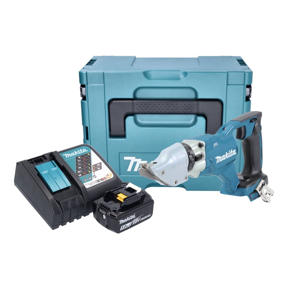 Makita DJS 200 RT1J Akku Blechschere 18 V 2,0 mm Brushless + 1x Akku 5,0 Ah + Ladegerät + Makpac