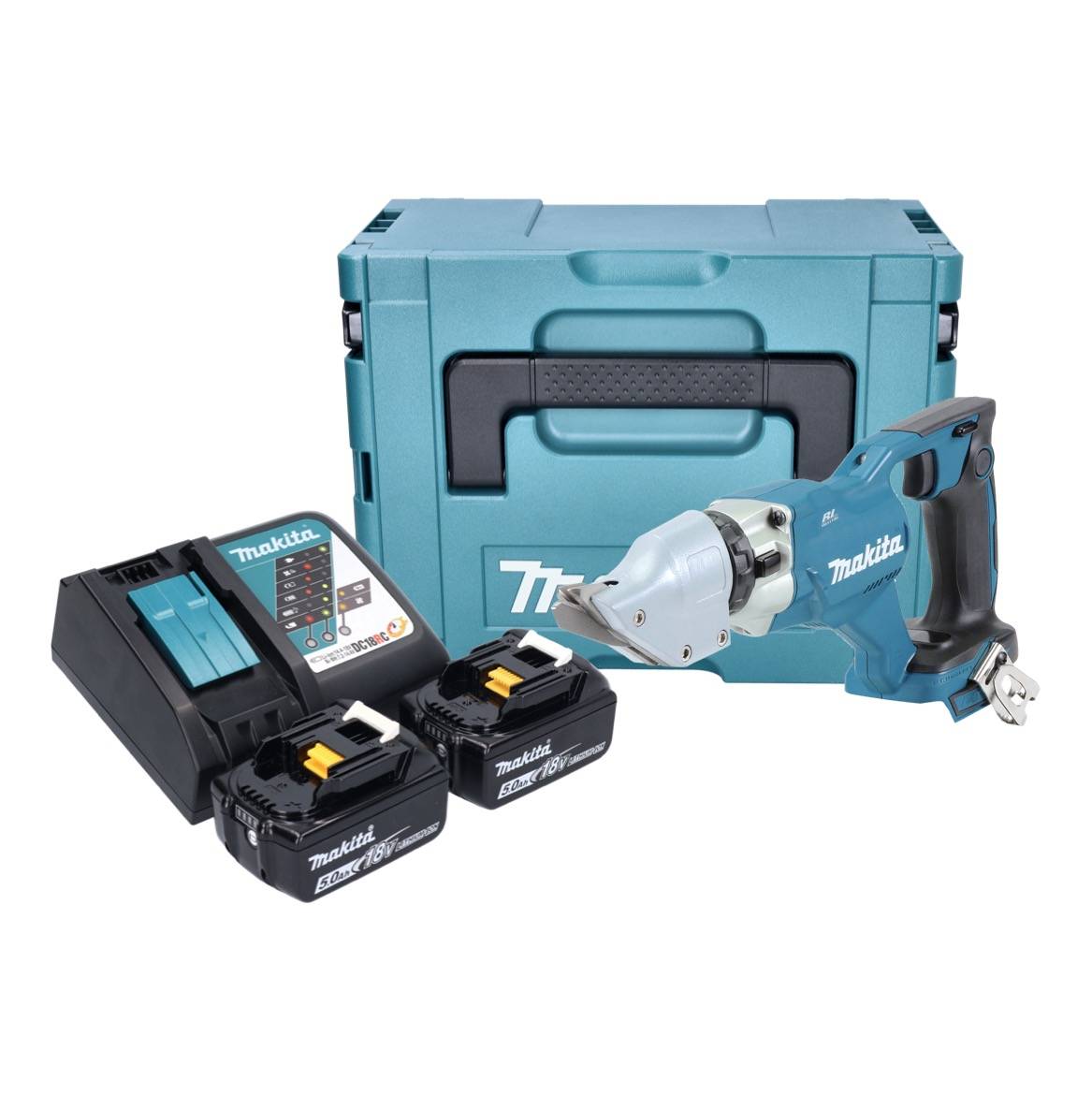 Makita DJS 200 RTJ Akku Blechschere 18 V 2,0 mm Brushless + 2x Akku 5,0 Ah + Ladegerät + Makpac