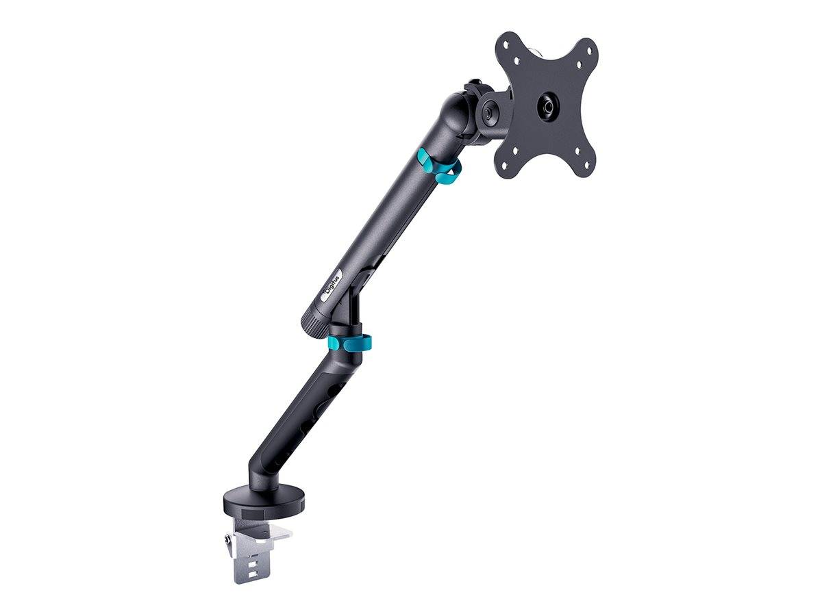 Schwarz verstellbarer Monitor-Arm mit Klemmbefestigung und VESA-Anzeigeplatten, dargestellt vor weißem Hintergrund.