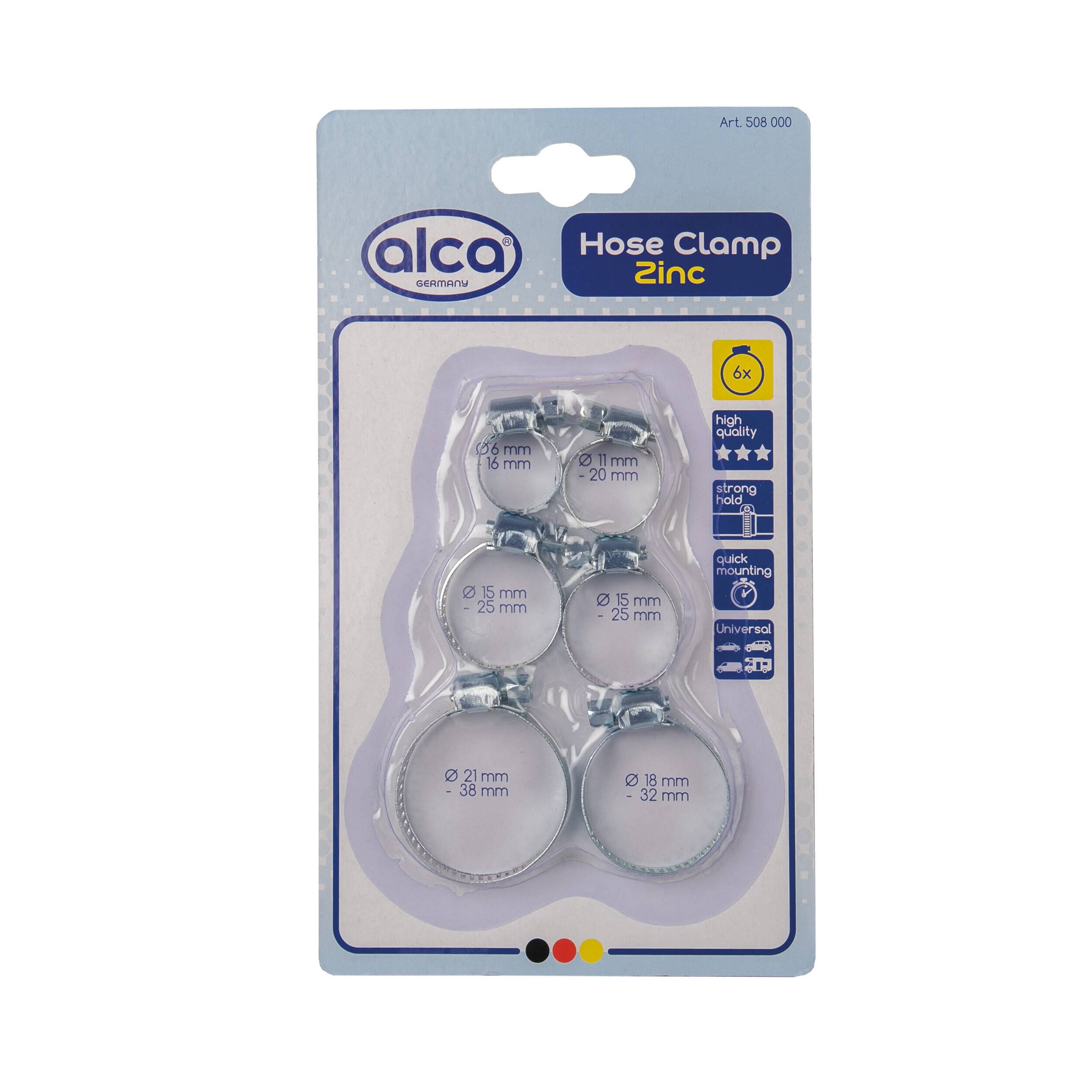 alca® Schlauchschellen Set verzinkt für flexible Rohre sowie Schläuche Sechsteiliger Spannbereich, Sortiment Von 6