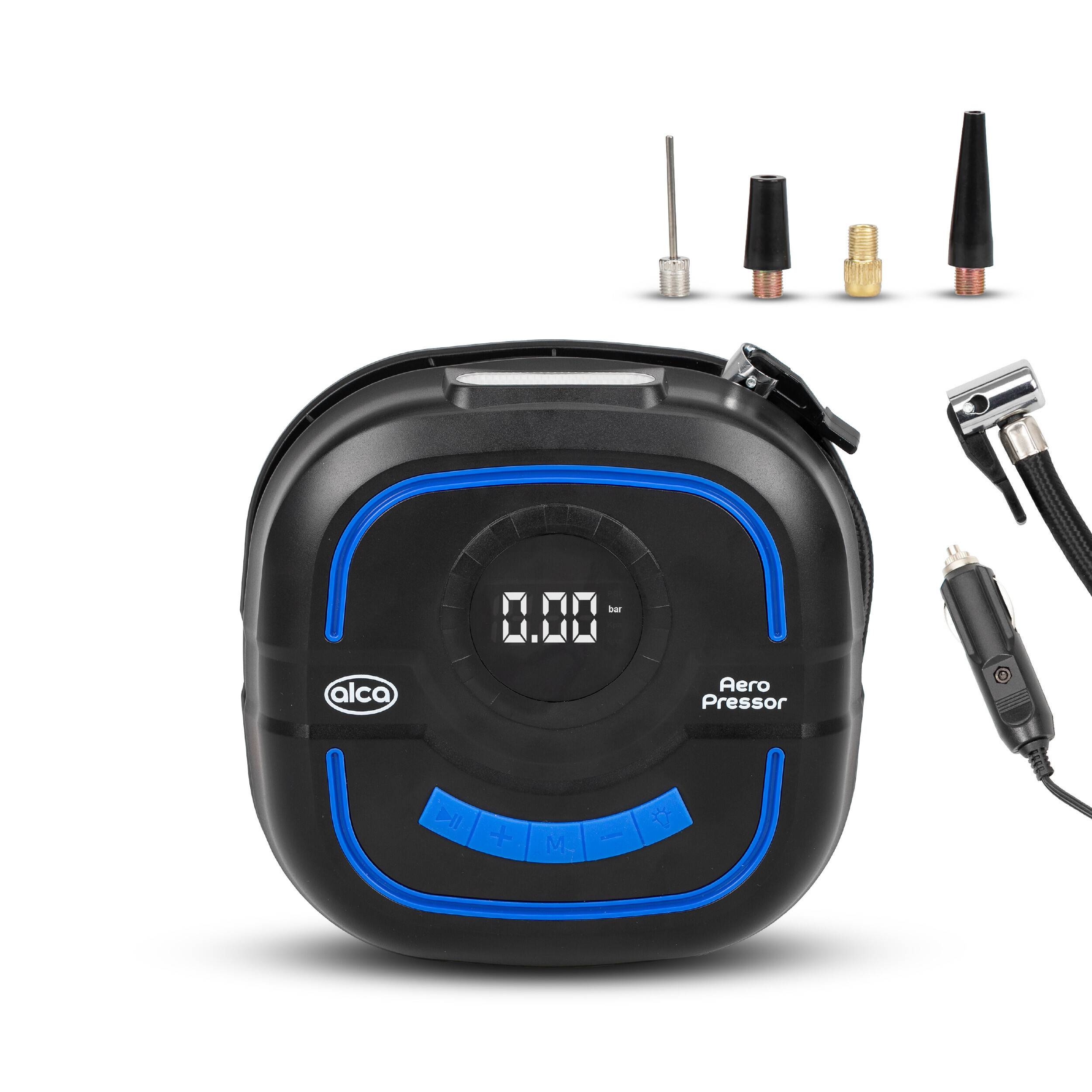 Digitales Reifenfüllgerät mit LCD-Display und Luftschlauch, ausgestattet mit einem Satz Düsenadapter für verschiedene Anwendungen.