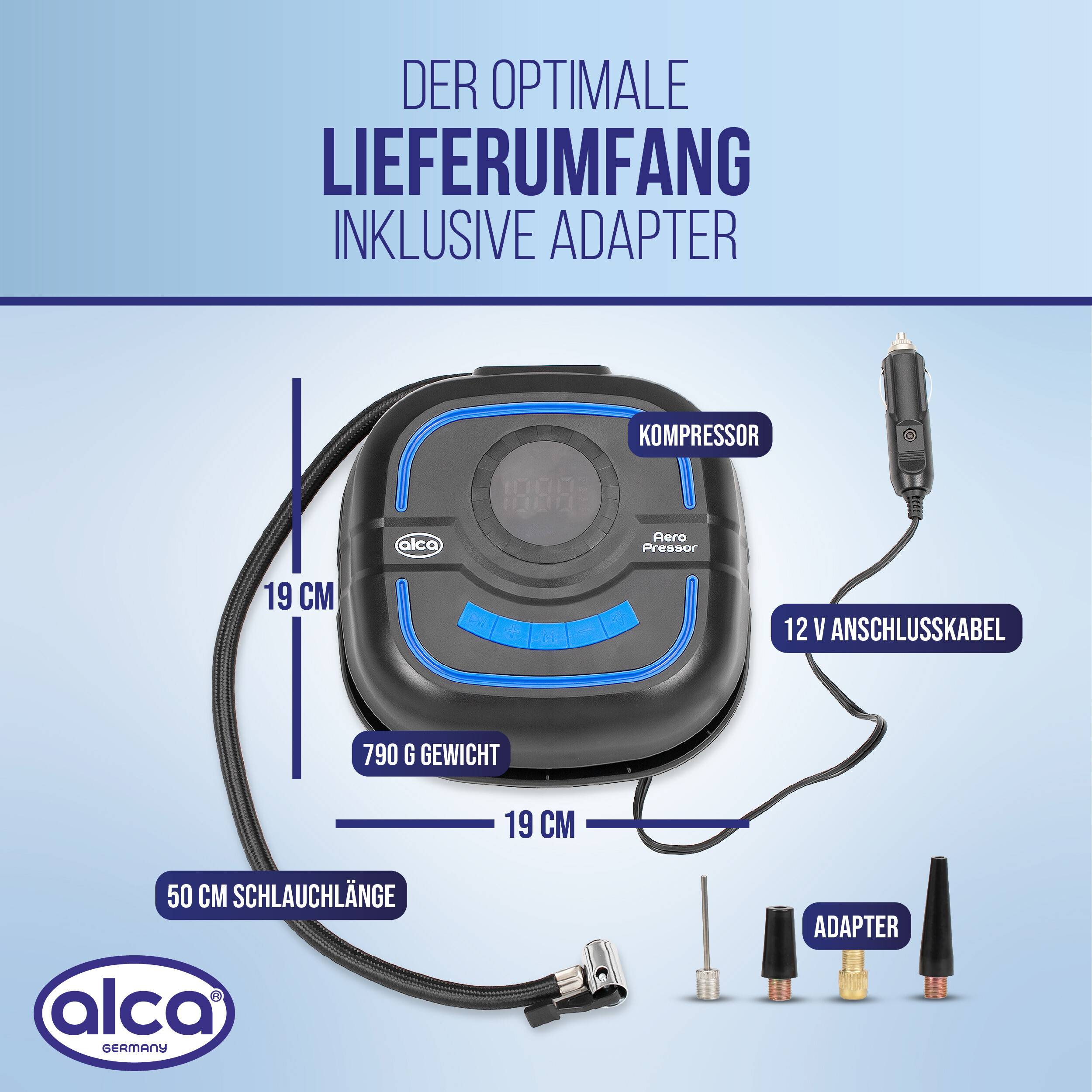 Produktgrafik eines Alca Luftkompressors mit abgebildetem Adapter, 12-V-Kabel, 50-cm-Schlauch und Abmessungen von 19 cm; Gewicht 790 g.