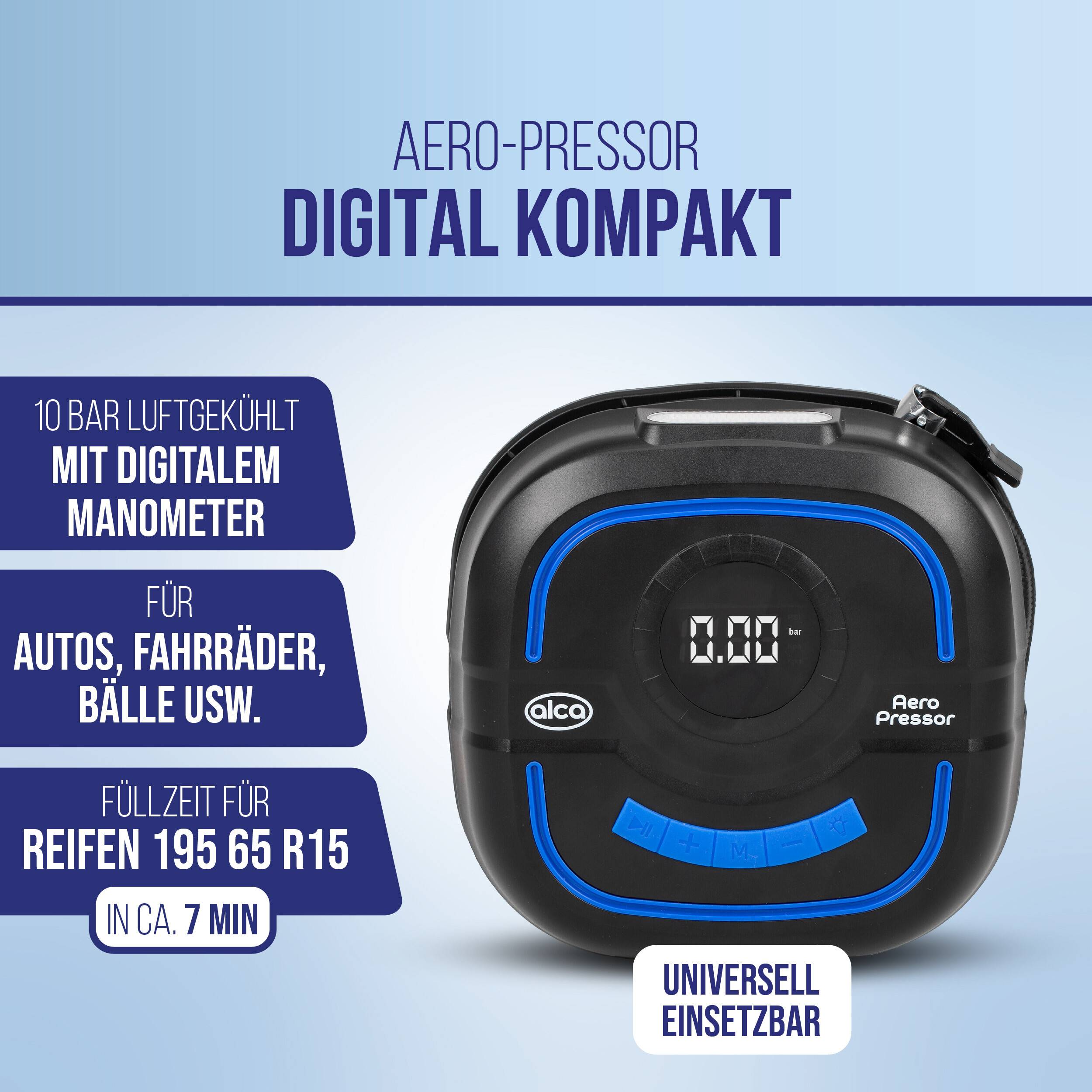Anzeige für den Aero-Pressor Digital Kompakt Kompressor, mit 10 bar, digitales Manometer und Verwendung für Autos, Fahrräder und Bälle; füllt einen Reifen in etwa 7 Minuten.