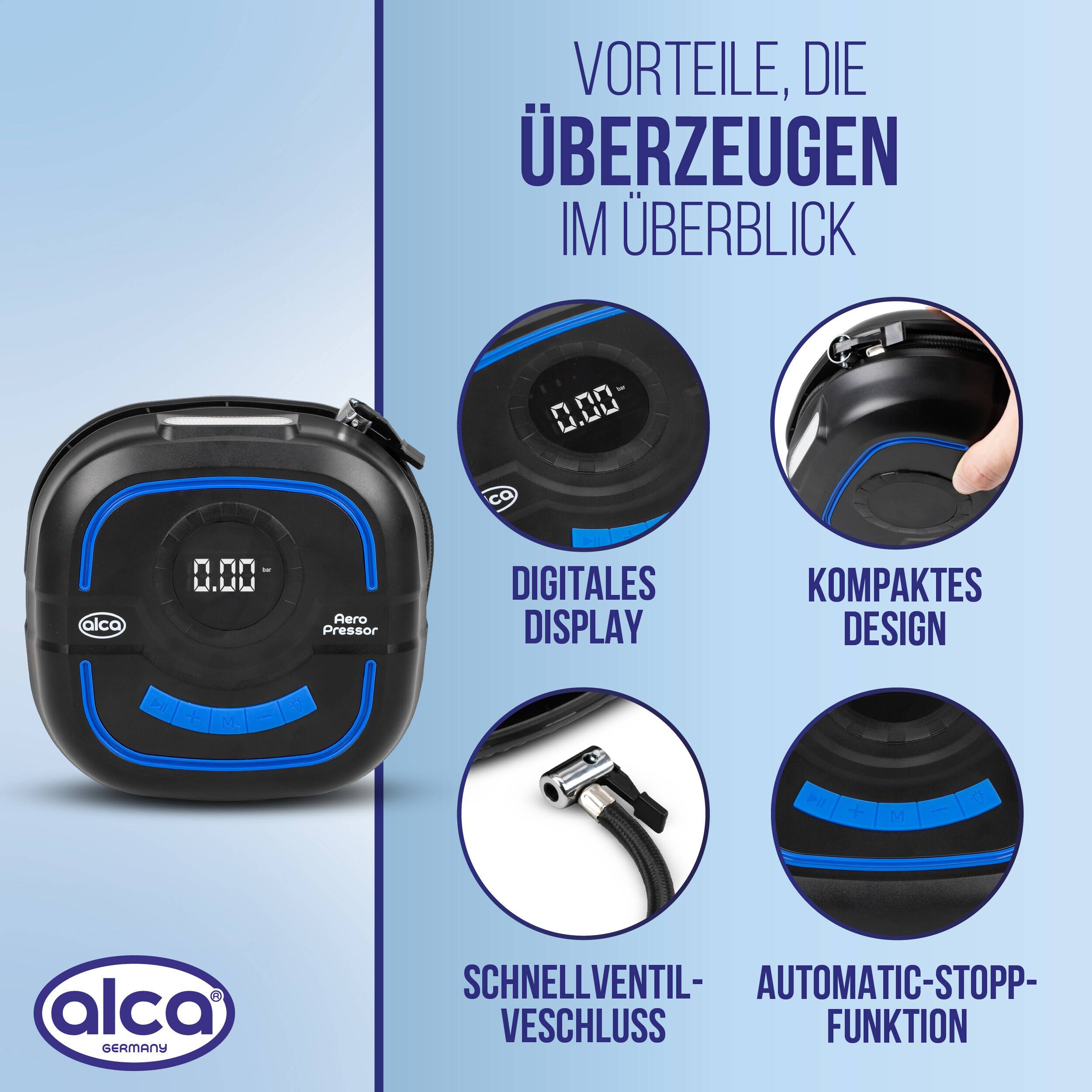 alca® Kompressor Kontakt mit digitalem Manometer, einrollbar und tragbar 12V Anschluss für den Zigarettenanzünder des