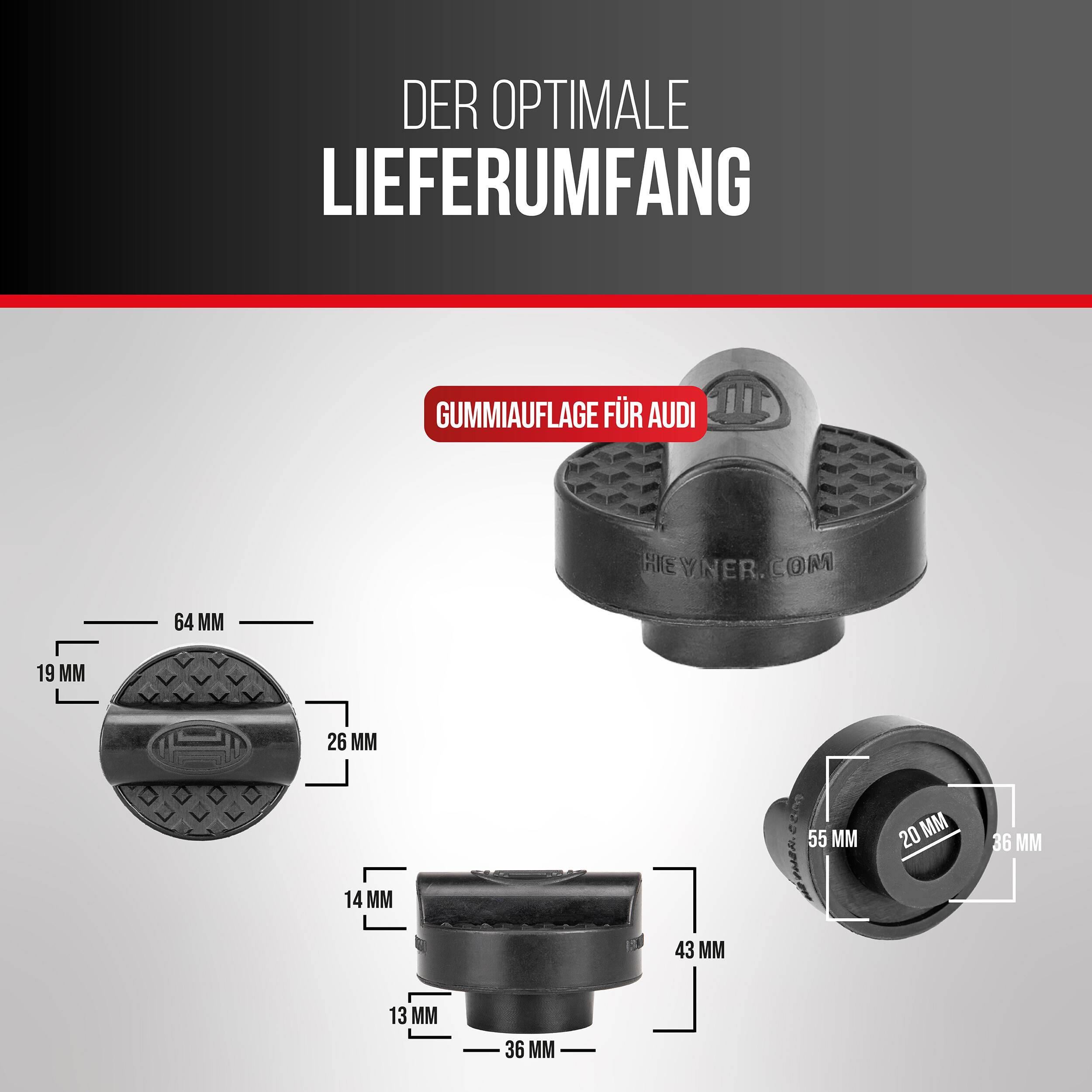 Infografik eines Audi-Gummi-Wagenhebers mit der Aufschrift „Der optimale Lieferumfang