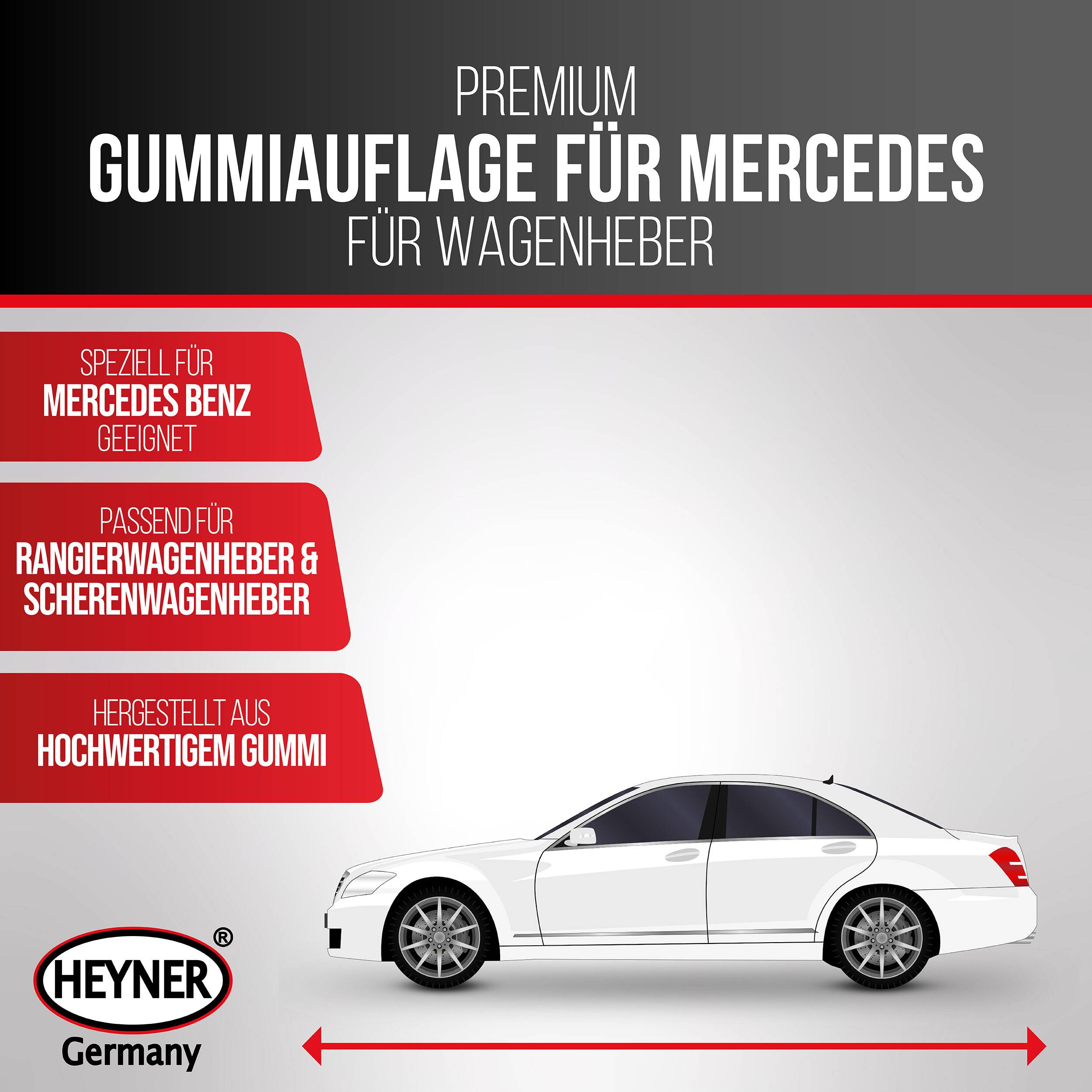 Werbegrafik für Heyner Germany: Premium-Gummiauflagen für Mercedes-Wagenheber, speziell für Mercedes-Benz, geeignet für Roll- und Scherenhydraulikwagenheber.