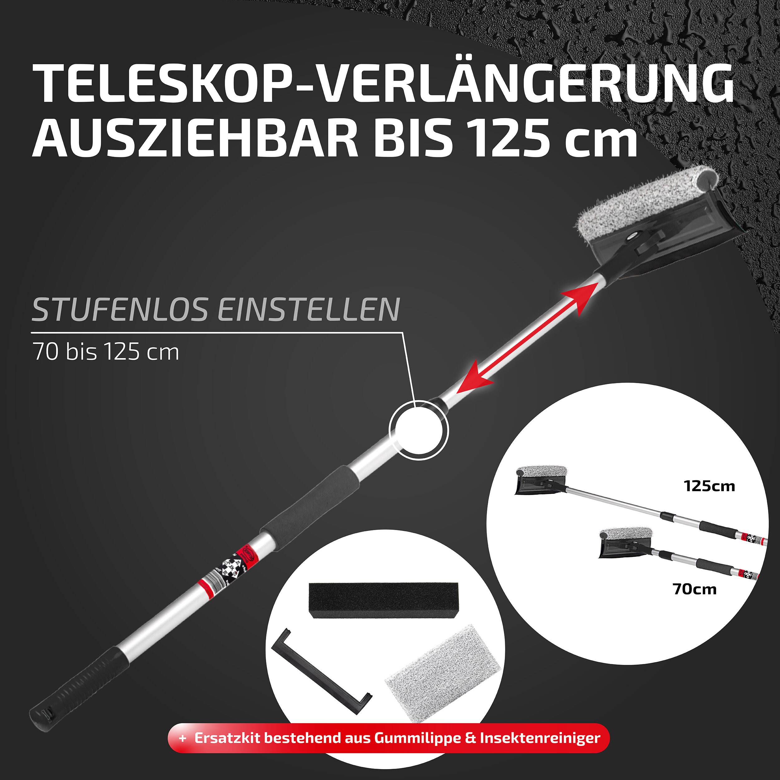 Teleskopstab, der sich kontinuierlich von 70 bis 125 cm ausfahren lässt, mit austauschbarem Reinigungsset und Wischkopf-Aufsatz.