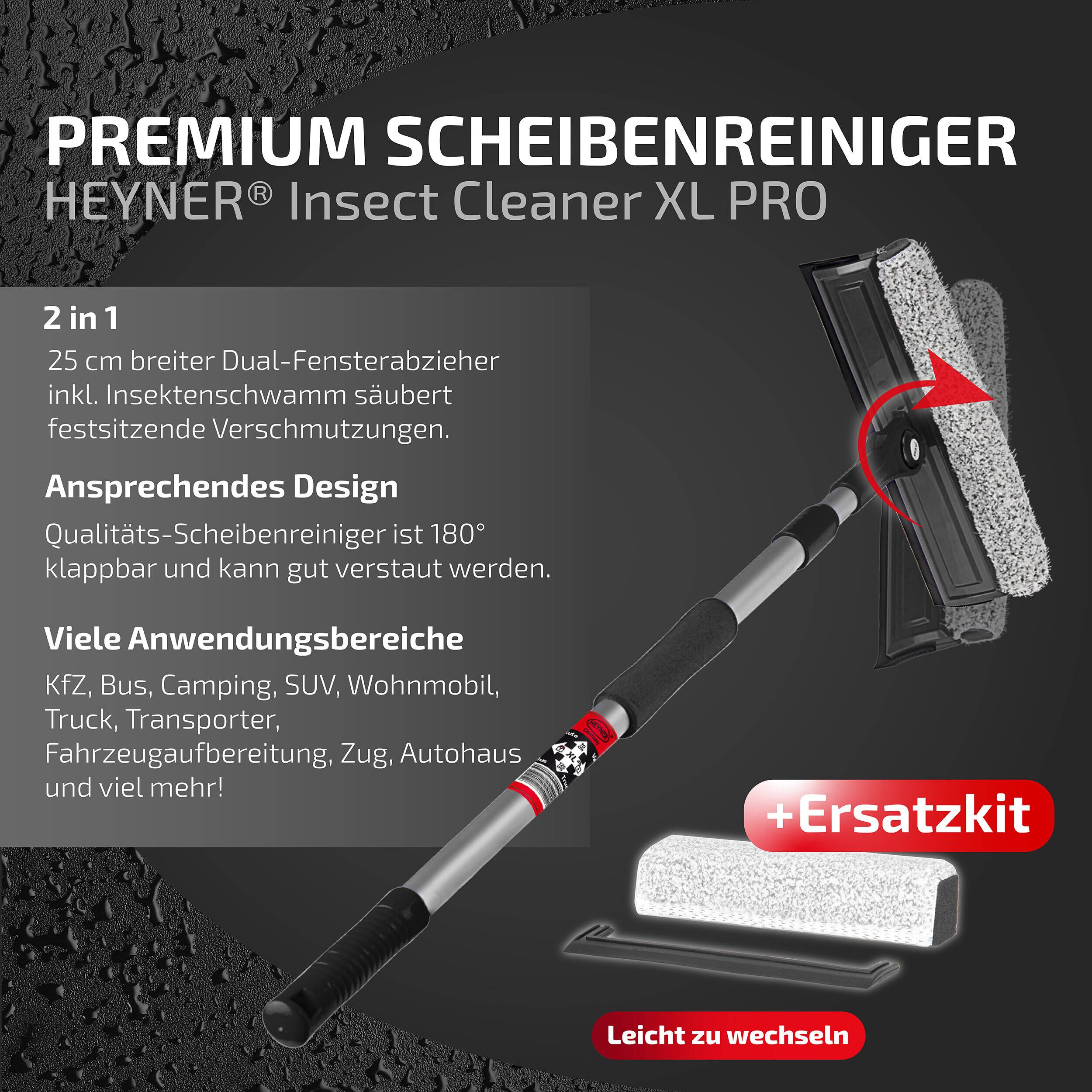 HEYNER® Scheibenreiniger Set mit Teleskopgriff & Ersatzkitt, 70x25cm Mikrofaserbezug für die Insektenentfernung