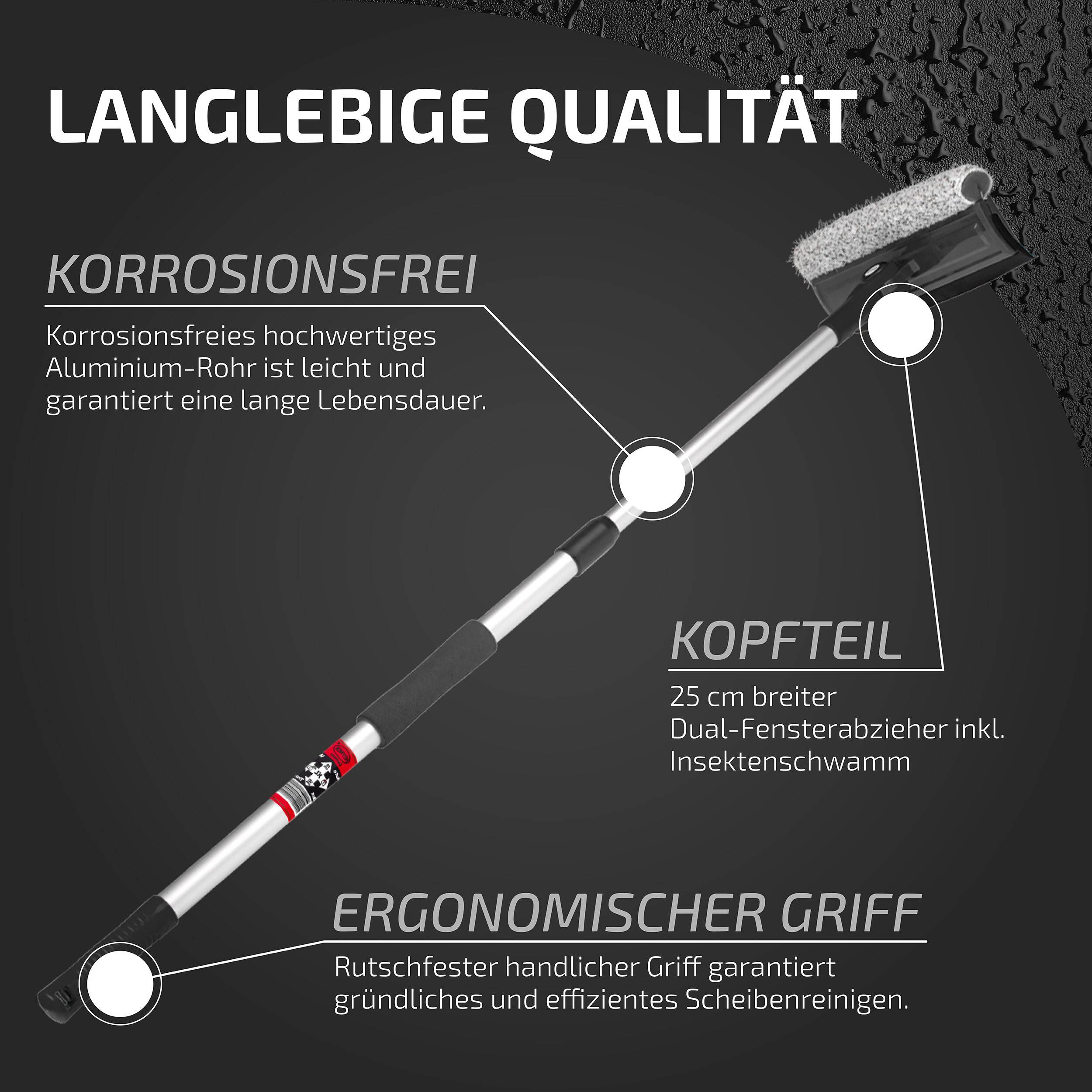 Abgebildeter Fensterabzieher mit Beschriftungen, die die dauerhafte Qualität, korrosionsfreien Aluminiumpfahl, ergonomischen Griff und 25 cm breiten Dual-Fenster-Wischkopf mit Insektenschwamm hervorheben.