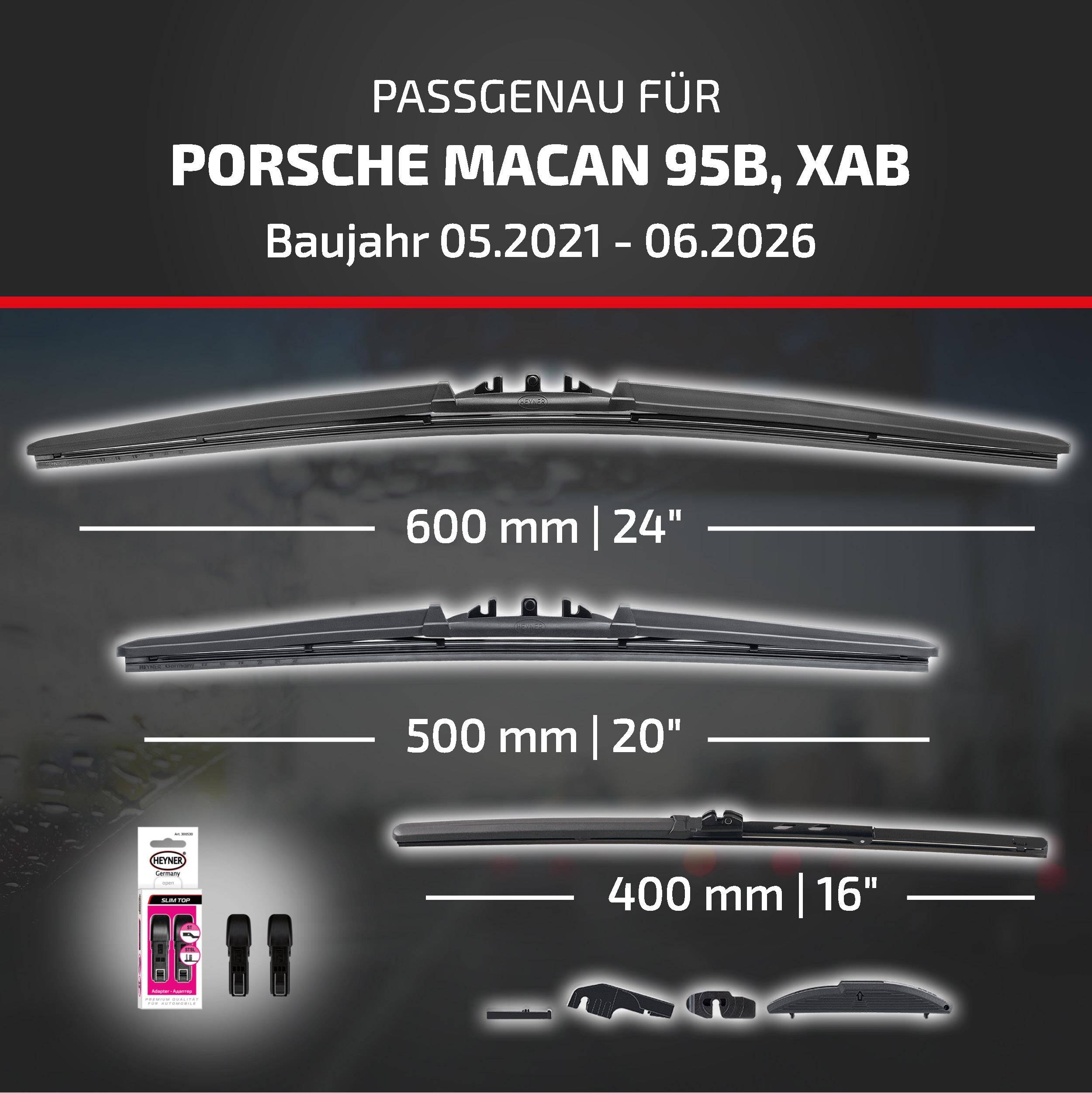 HEYNER® Scheibenwischer Komplettset für PORSCHE MACAN (05.2021 - 08.2026) HYBRID Flachbalkenwischer