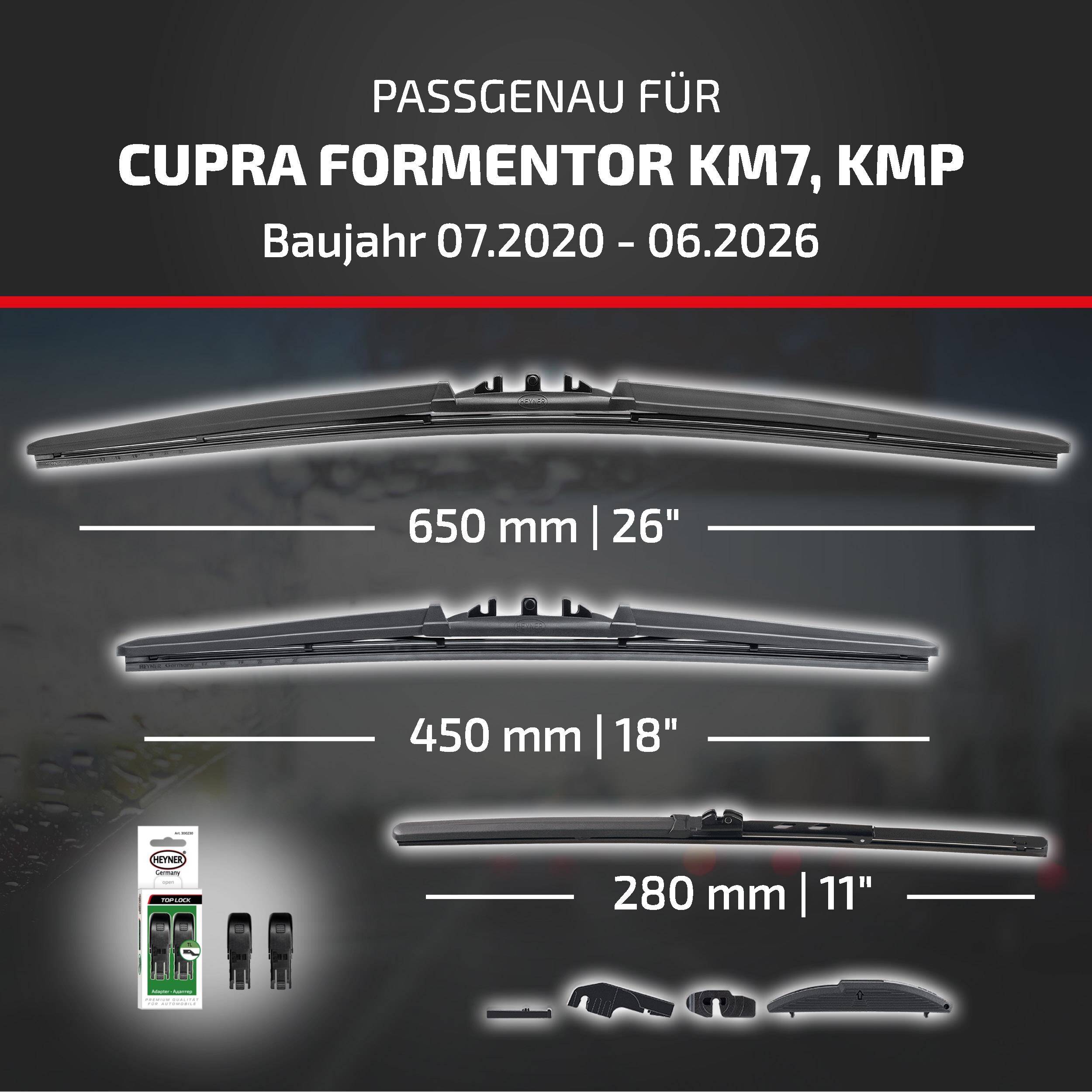 Kompatibilitätsgrafik für CUPRA Formentor KM7/KMP, Modelljahre 07.2020-06.2026, mit Scheibenwischer-Größen 650 mm (26), 450 mm (18) und 280 mm (11).