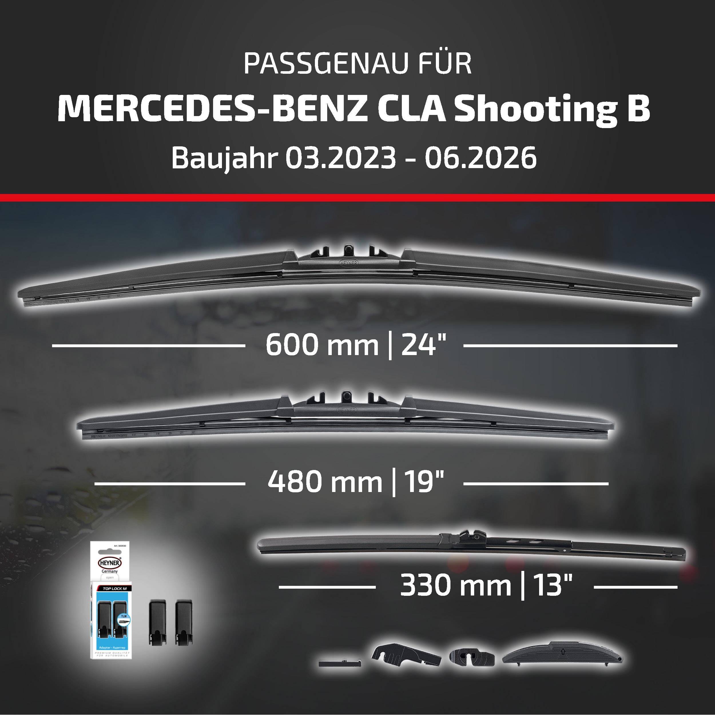 Kompatibilitätstabelle für Mercedes-Benz CLA Shooting B (03.2023–06.2026) mit Wischblattrößen: 600 mm, 480 mm und 330 mm, mit enthaltenen Adapterbauteilen.