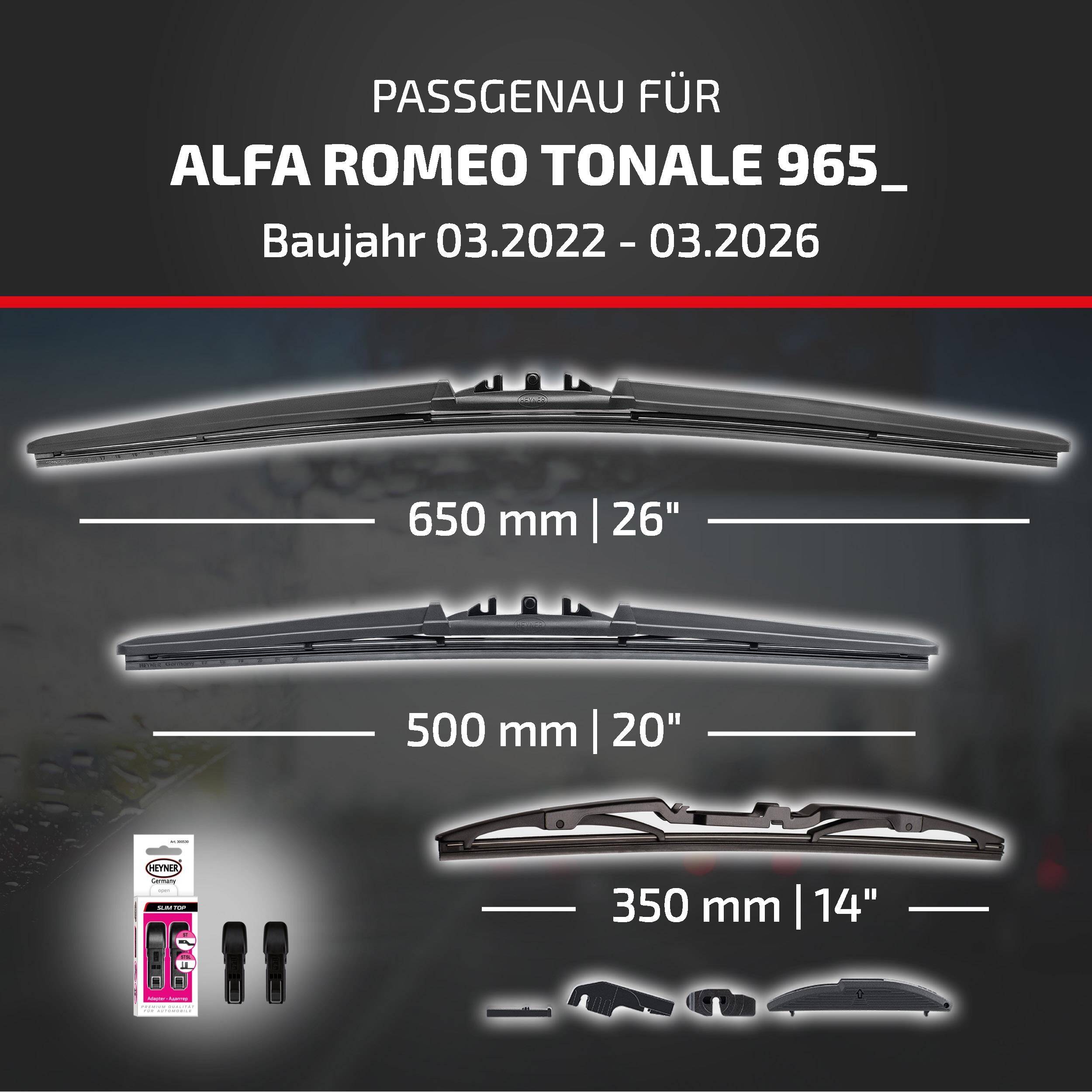 Kompatibilitätsgrafik für Alfa Romeo Tonale 965_ (03.2022–03.2026) mit den Wischblattgrößen: 650 mm/26