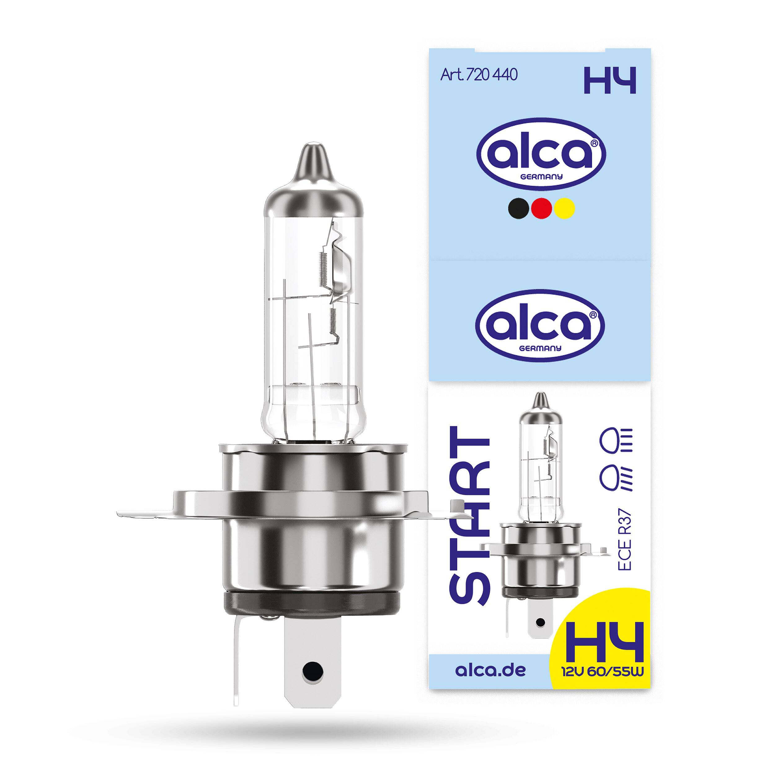 Alca H4 Halogenleuchten-Glühbirne neben ihrer blau-weißen Einzelhandelsverpackung, mit der Bezeichnung 12V 60/55W und Art. 720440.