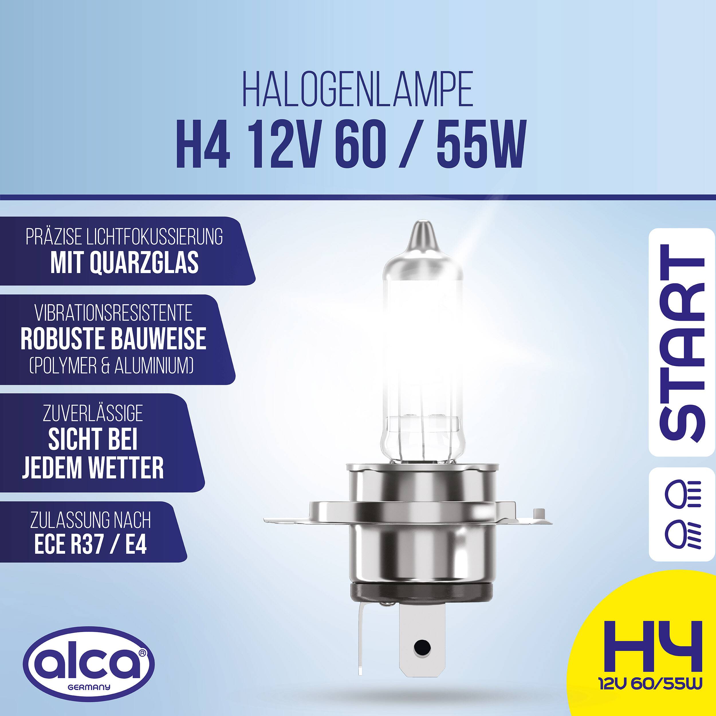 Angebot für eine ALCA H4 12V 60/55W Halogen-Scheinwerferlampe, zeigt die Lampe und Funktionen: Quarzglas, vibrationsfeste Konstruktion und ECE R37/E4-Zulassung.