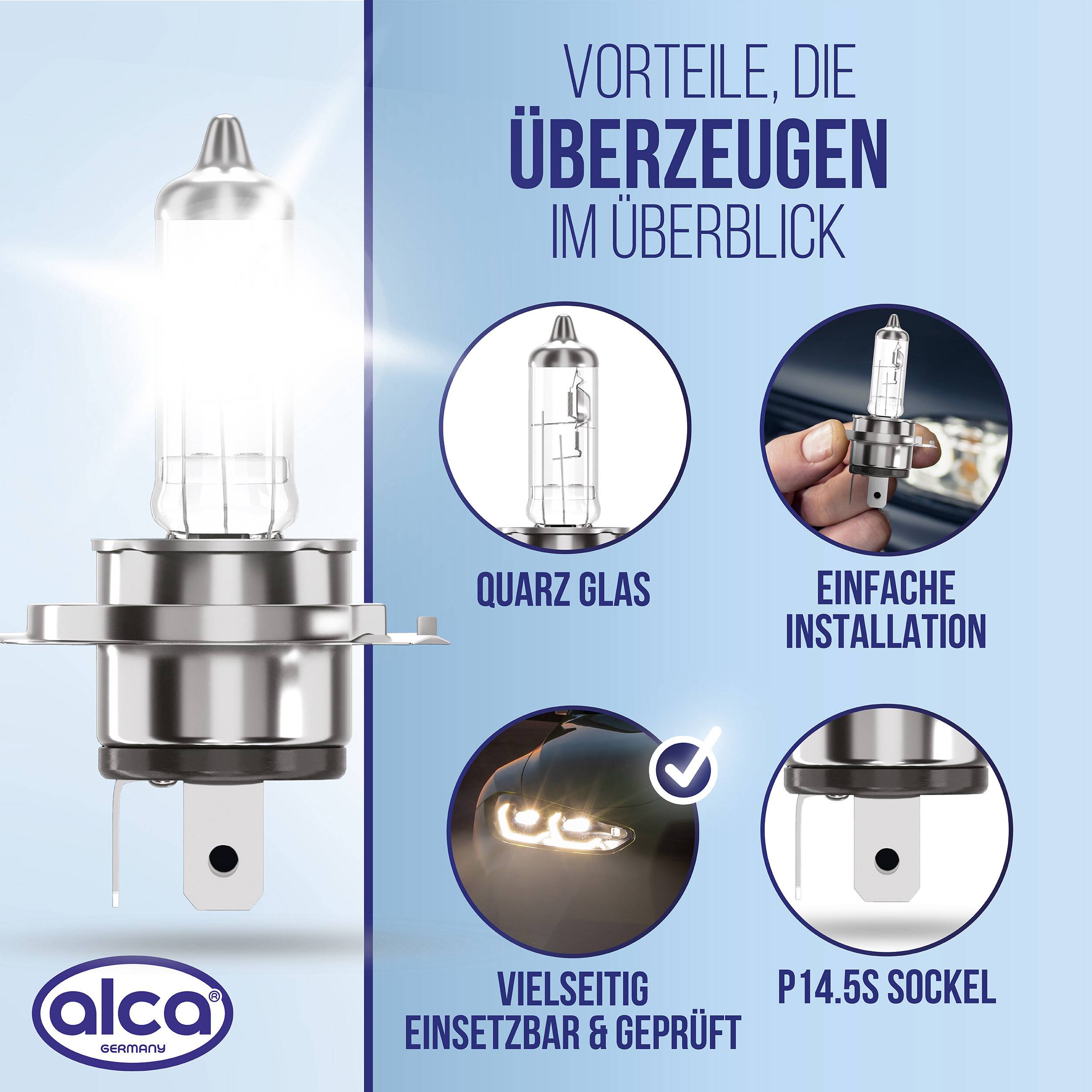 alca® Halogenlampe H4, 12V 60W, Sockel P43t Leuchtmittel für Scheinwerfer, Fahrzeug-Lampe