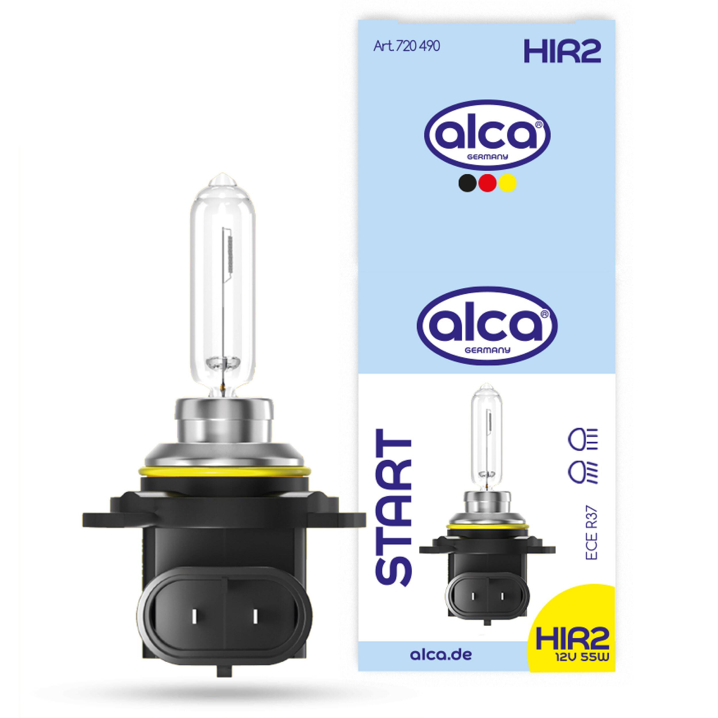 Alca HIR2 Automotiv-Halogenlampe für Scheinwerfer, abgebildet mit Einzelhandelverpackung mit der Beschriftung „START